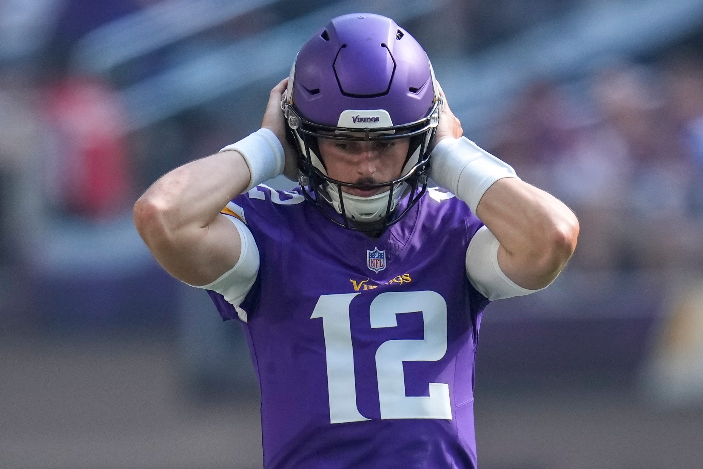 Minnesota Vikings quarterback Max Brosmer (12) enters the game in the fourth quarter of the NFL Week 3 game between the Minnesota Vikings and the Cincinnati Bengals at U.S. Bank Stadium in Minneapolis on Sunday, Sept. 21, 2025. The Vikings won, 48-10.