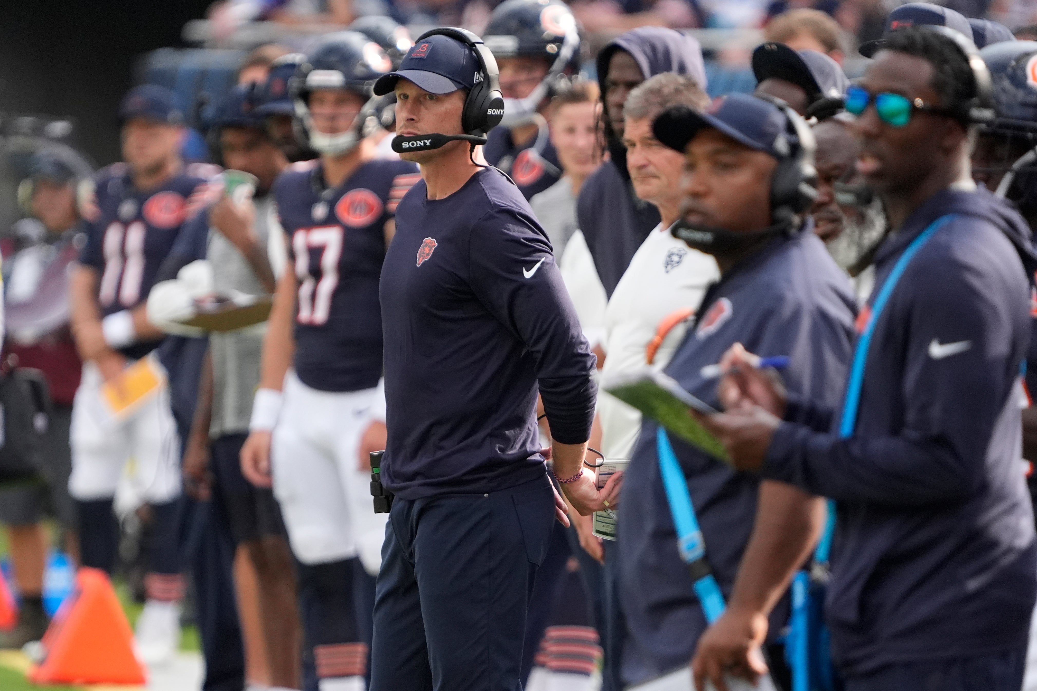Sep 21, 2025; Chicago, Illinois, USA; Chicago Bears head coach Ben Johnson on the sidelines during the first half against the Dallas Cowboys at Soldier Field.