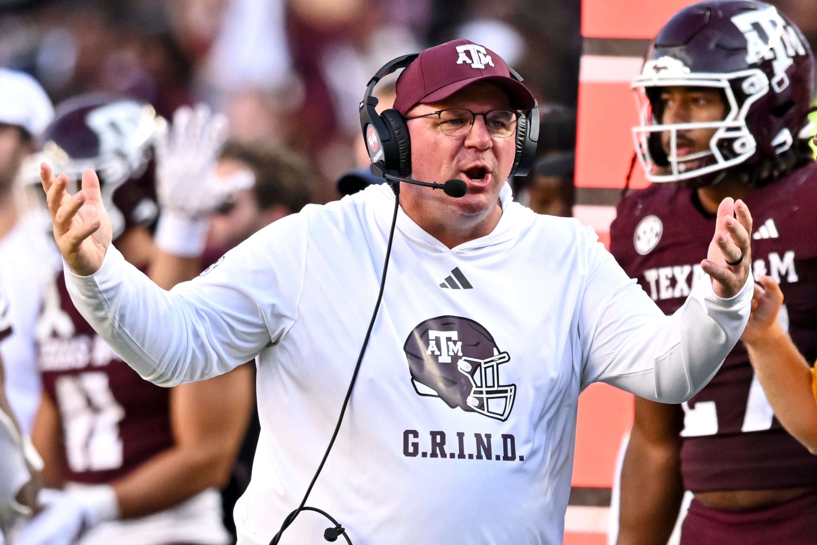 Sep 27, 2025; College Station, Texas, USA; Texas A&M Aggies head coach Mike Elko reacts during the third quarter against the Auburn Tigers at Kyle Field.