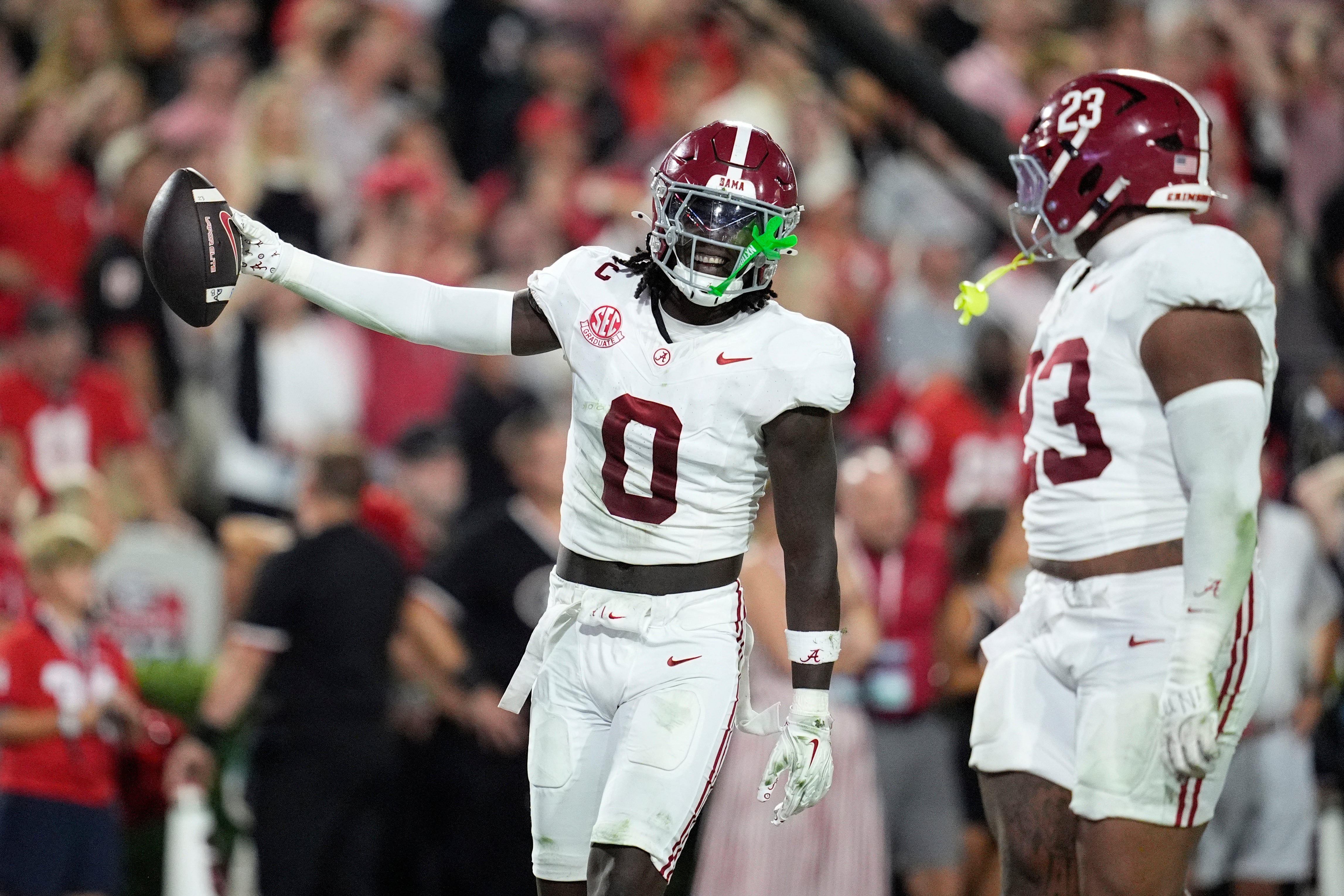 Sep 27, 2025; Athens, Georgia, USA; Alabama Crimson Tide linebacker Deontae Lawson (0) reacts after a fumble recovery against the Georgia Bulldogs in the first half at Sanford Stadium.