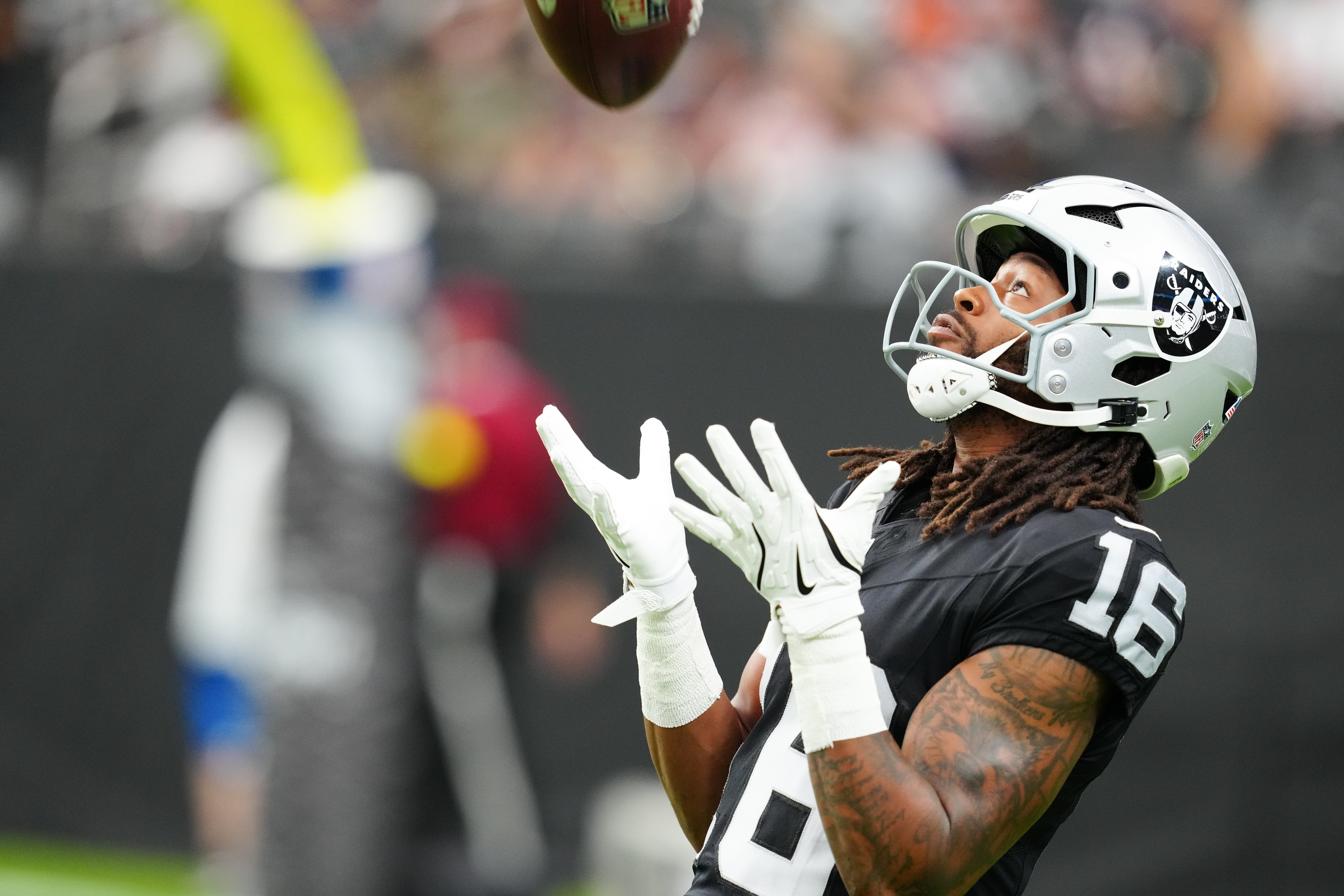 Sep 28, 2025; Paradise, Nevada, USA; Las Vegas Raiders wide receiver Jakobi Meyers (16) warms up prior to the game against the Chicago Bears at Allegiant Stadium.