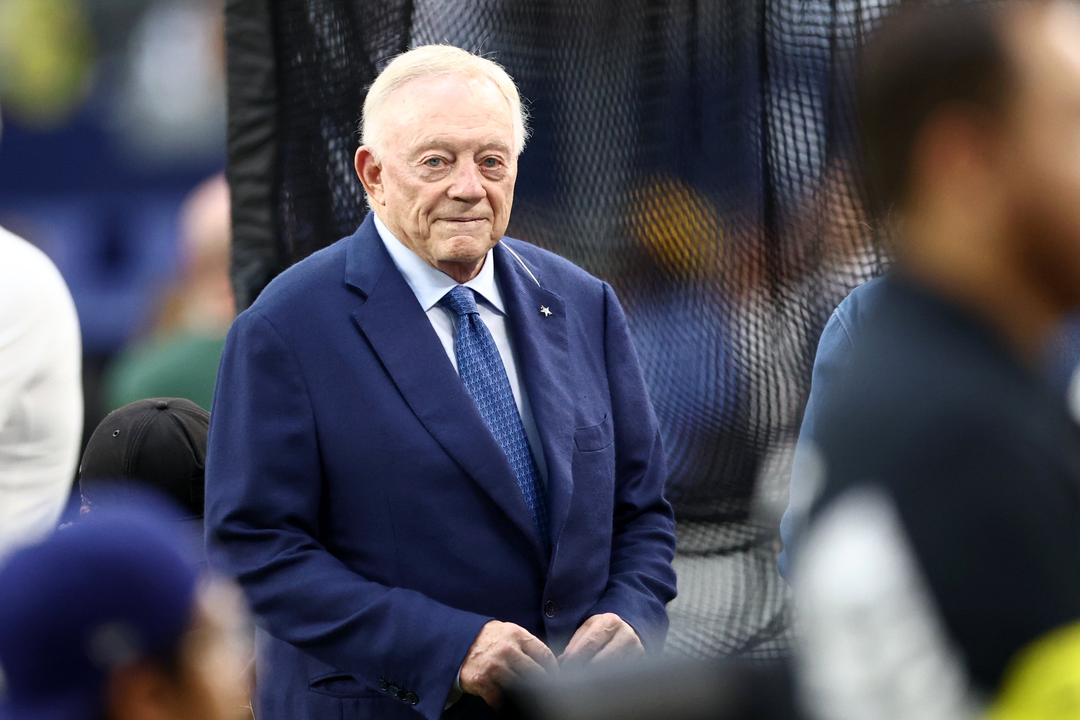 Sep 28, 2025; Arlington, Texas, USA; Dallas Cowboys owner Jerry Jones looks on before the game against the Green Bay Packers at AT&T Stadium.