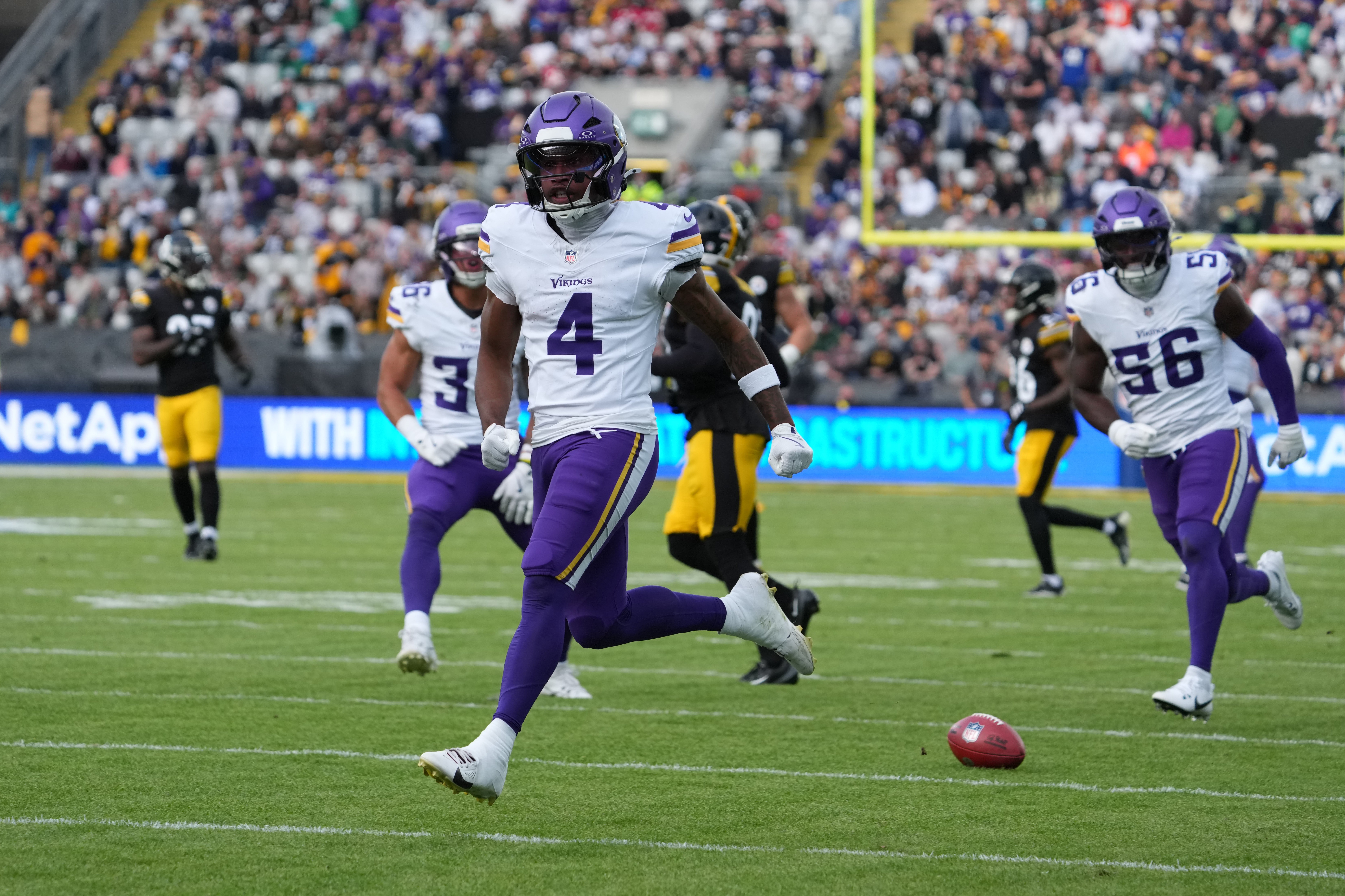 Sep 28, 2025; Dublin, Ireland; Minnesota Vikings wide receiver Myles Price (4) celebrates after a kickoff return against the Pittsburgh Steelers in the second half during an NFL International Series game at Croke Park.