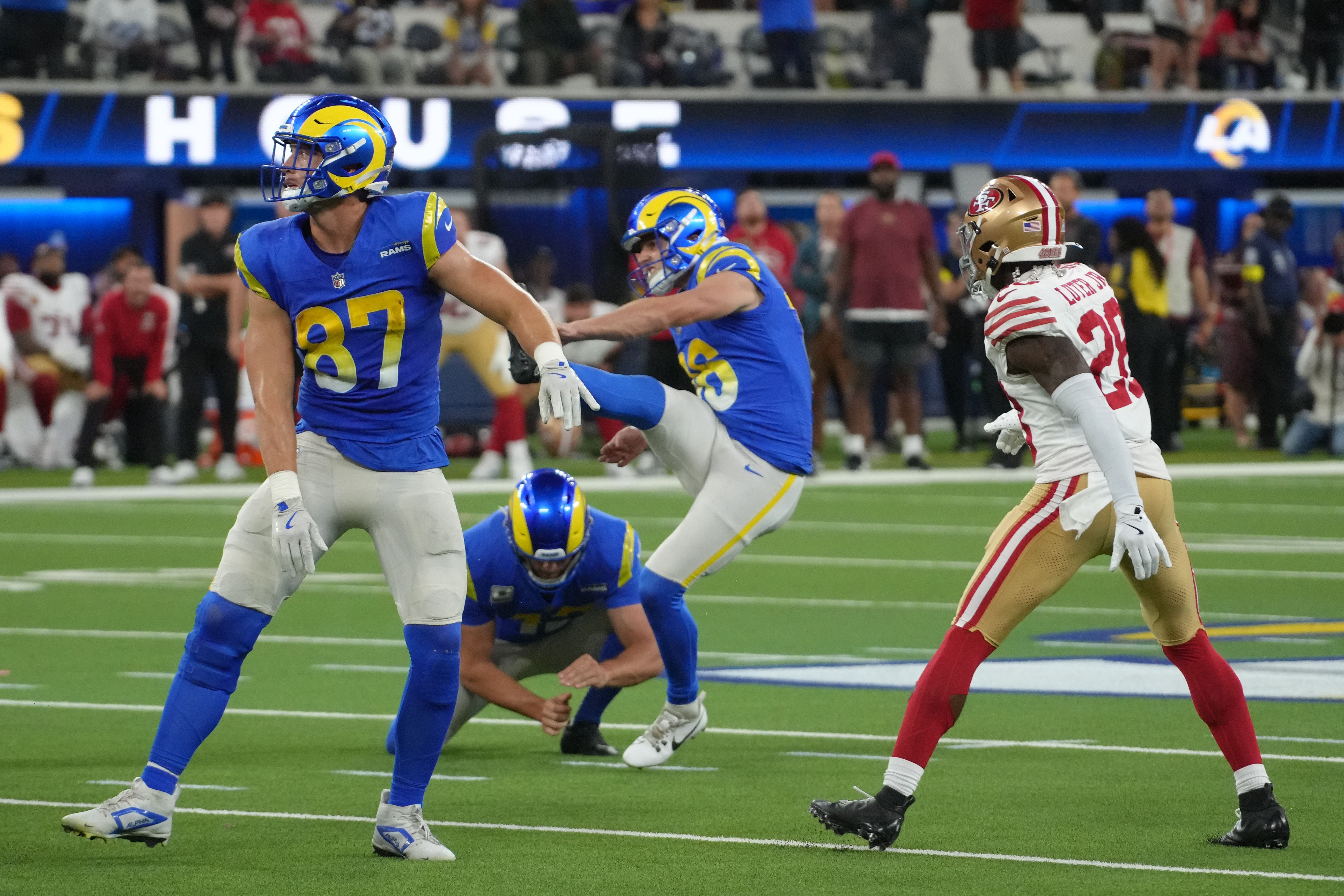 Oct 2, 2025; Inglewood, California, USA; Los Angeles Rams kicker Joshua Karty (16) kicks the game tying field goal to send the game into overtime against the San Francisco 49ers during the second half at SoFi Stadium.