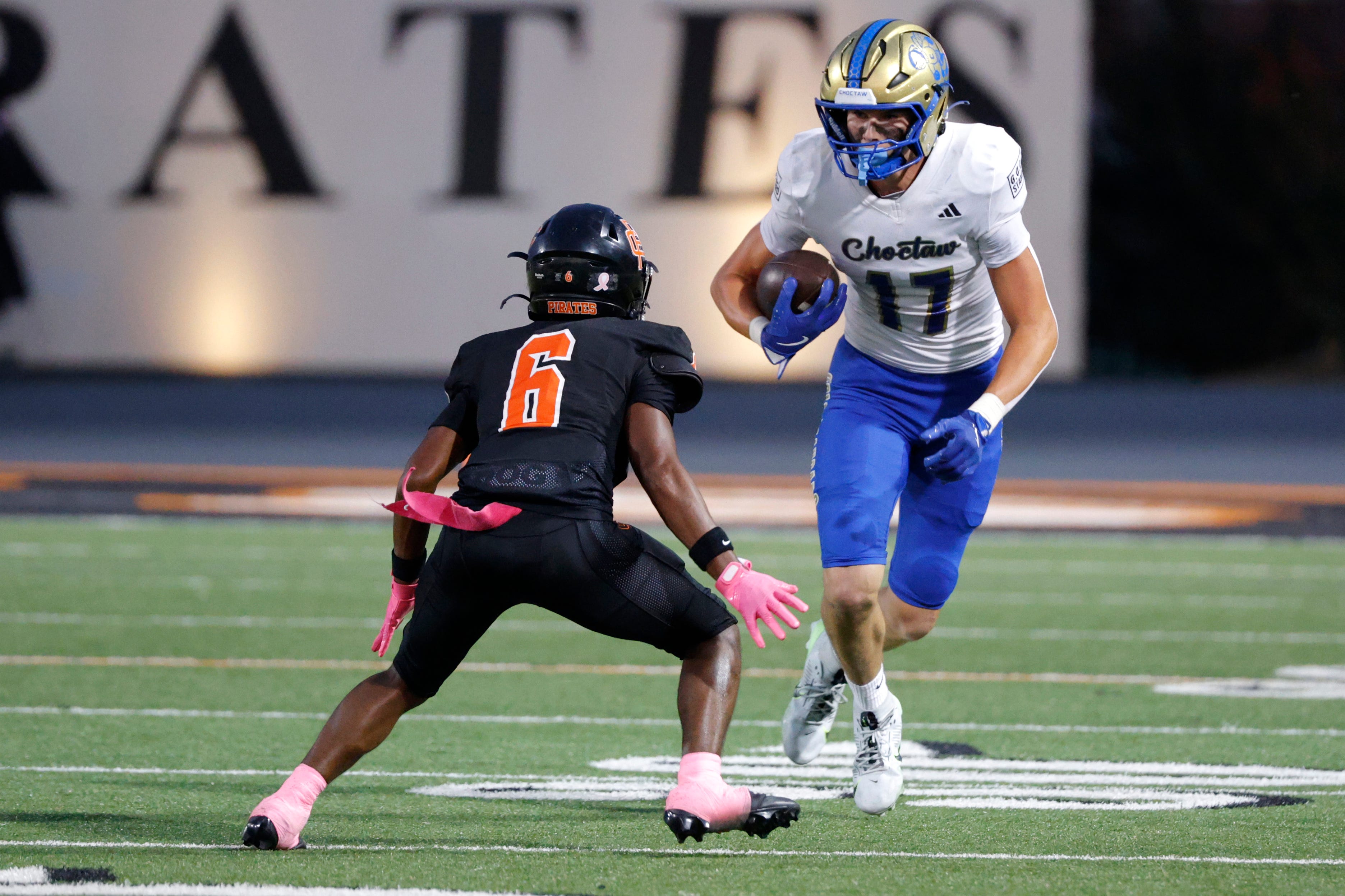 Choctaw's Titus Hawk tries to get past Putnam City's Keandre Huffman during a high school football game between Putnam City and Choctaw at Putnam City in, Friday, Oct. 3, 2025.