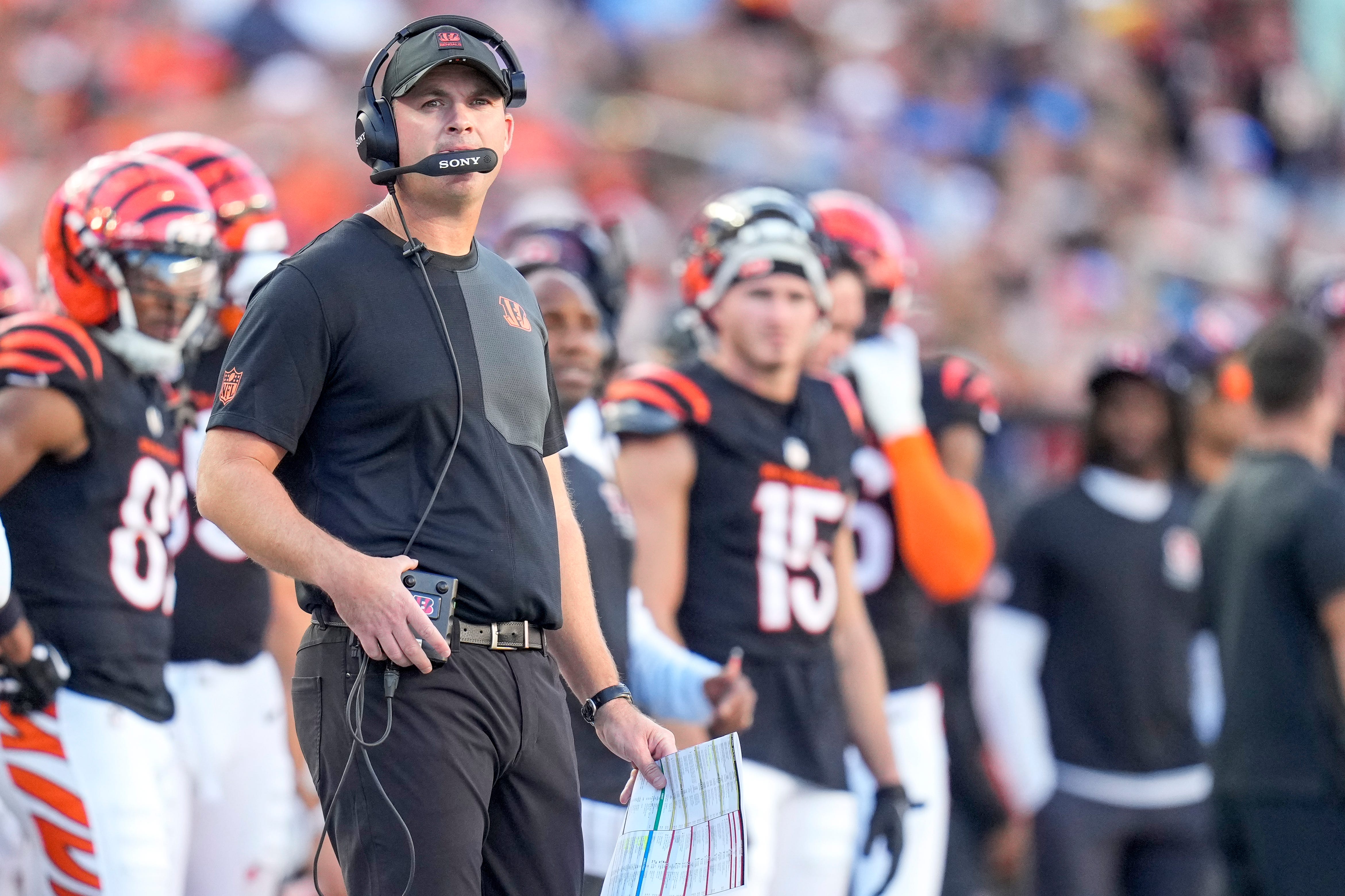 Cincinnati Bengals head coach Zac Taylor watches a replay in the second quarter of the NFL Week 5 game between the Cincinnati Bengals and the Detroit Lions at Paycor Stadium in downtown Cincinnati on Sunday, Oct. 5, 2025.