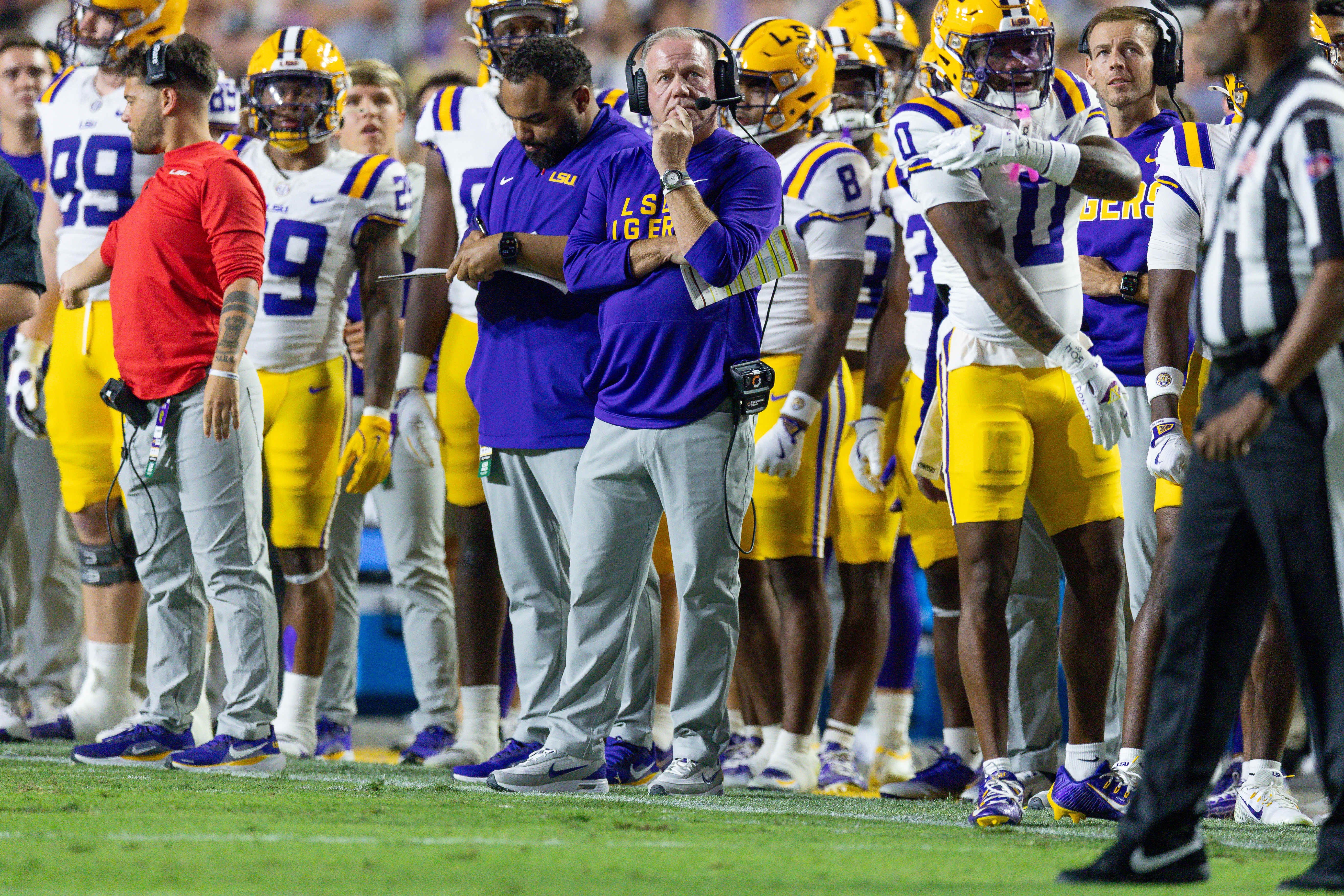 Oct 11, 2025; Baton Rouge, Louisiana, USA; LSU Tigers head coach Brian Kelly looks on against the South Carolina Gamecocks during the first half at Tiger Stadium. Mandatory Credit: Stephen Lew-Imagn Images