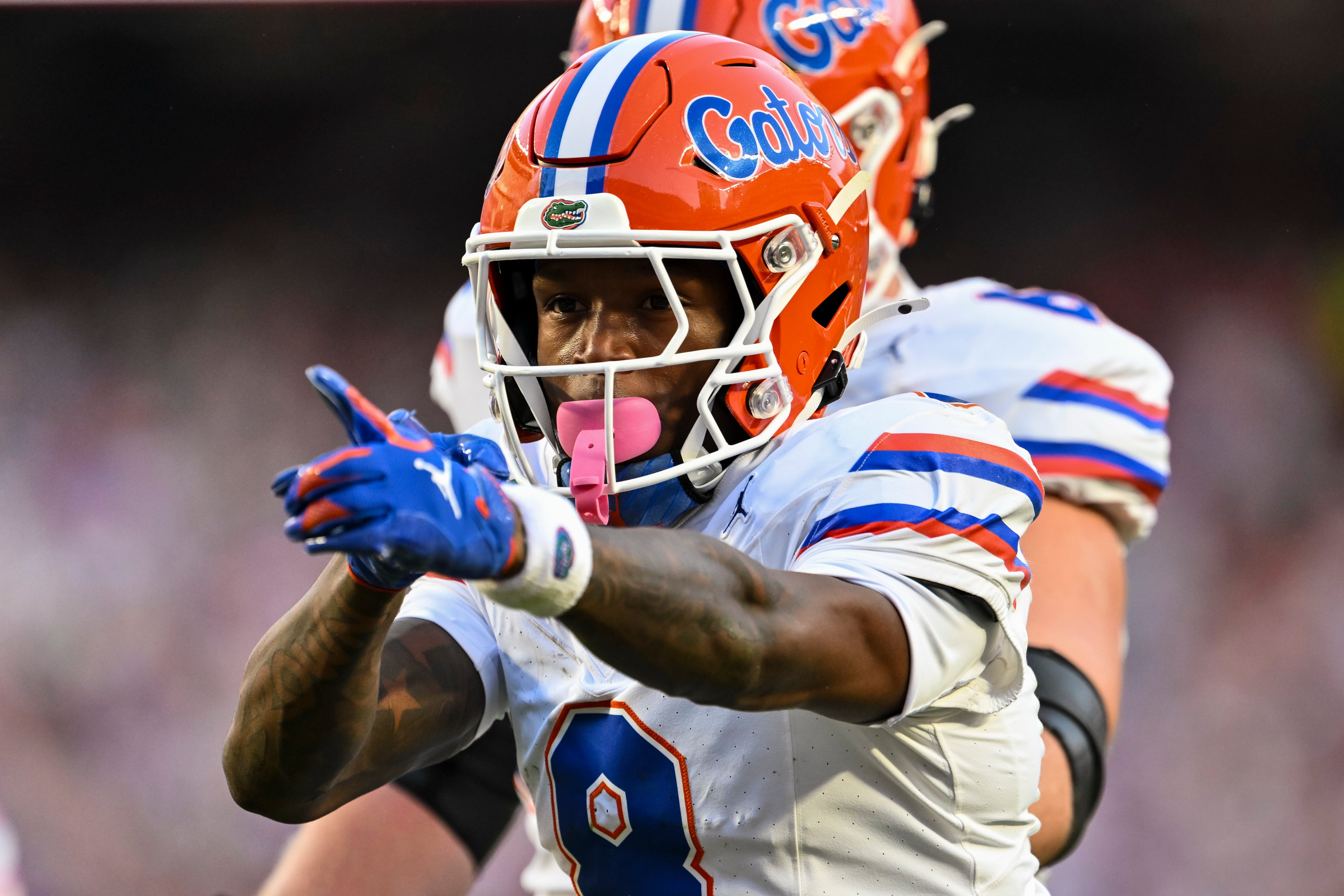 Oct 11, 2025; College Station, Texas, USA; Florida Gators wide receiver Vernell Brown III (8) motions during the first half against the Texas A&M Aggies at Kyle Field. Maria Lysaker-Imagn Images