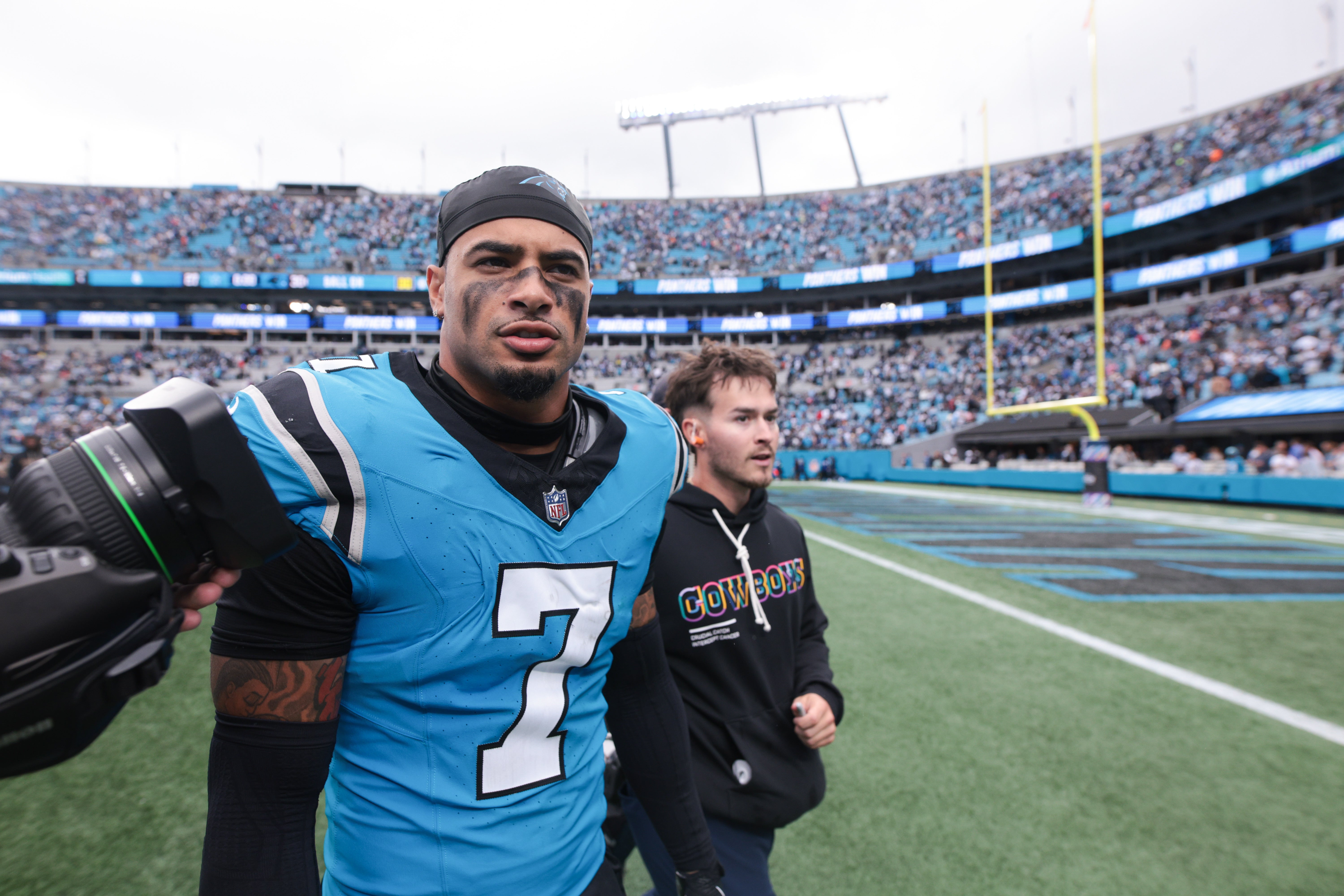Oct 12, 2025; Charlotte, North Carolina, USA; Carolina Panthers safety Tre'von Moehrig (7) looks on after the game against the Dallas Cowboys at Bank of America Stadium.