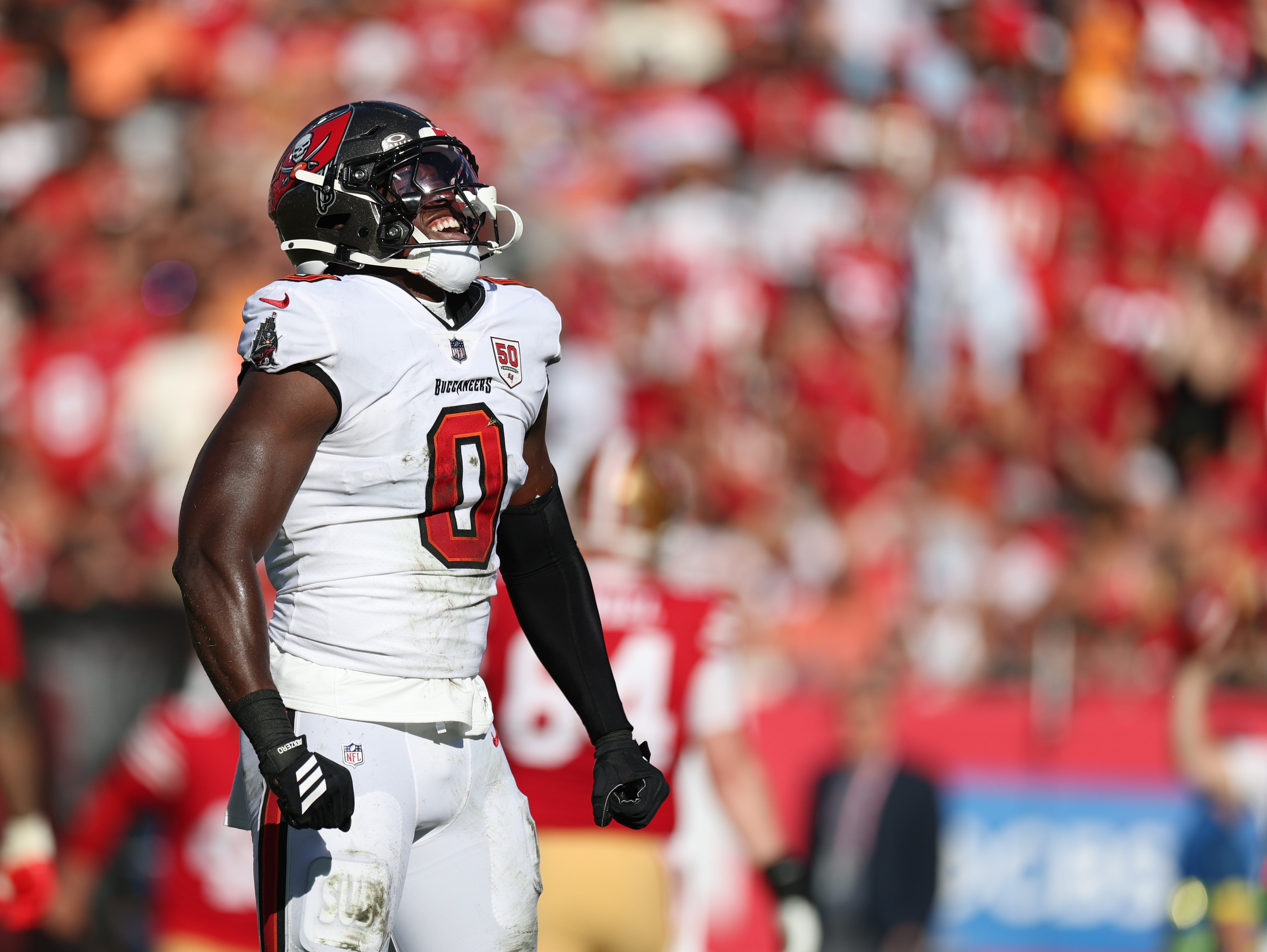Oct 12, 2025; Tampa, Florida, USA; Tampa Bay Buccaneers linebacker Yaya Diaby (0) reacts after a sack during the first quarter against the San Francisco 49ers at Raymond James Stadium.