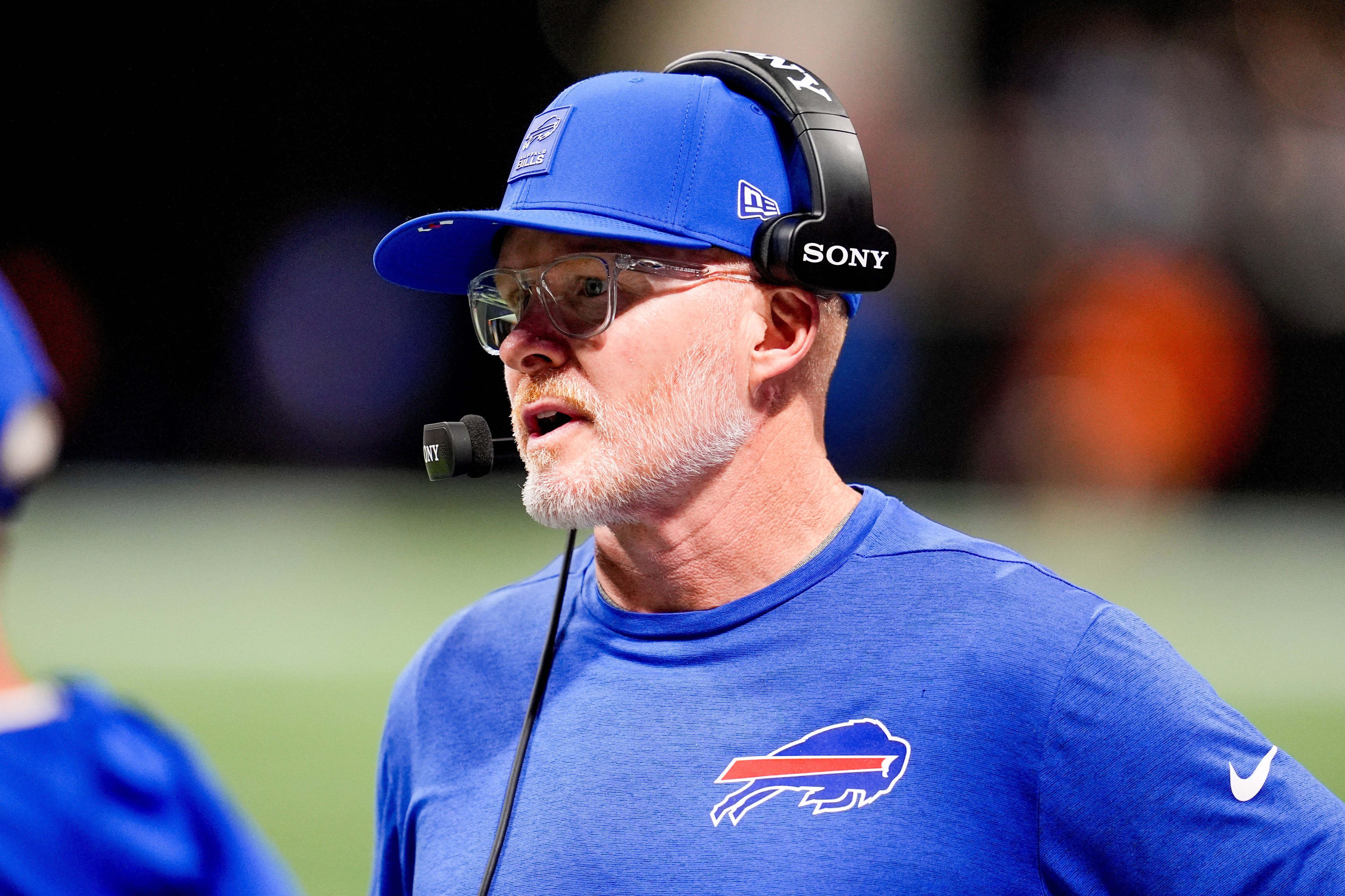 Oct 13, 2025; Atlanta, Georgia, USA; Buffalo Bills head coach Sean McDermott on the sidelines against the Atlanta Falcons during the first half of a game at Mercedes-Benz Stadium.