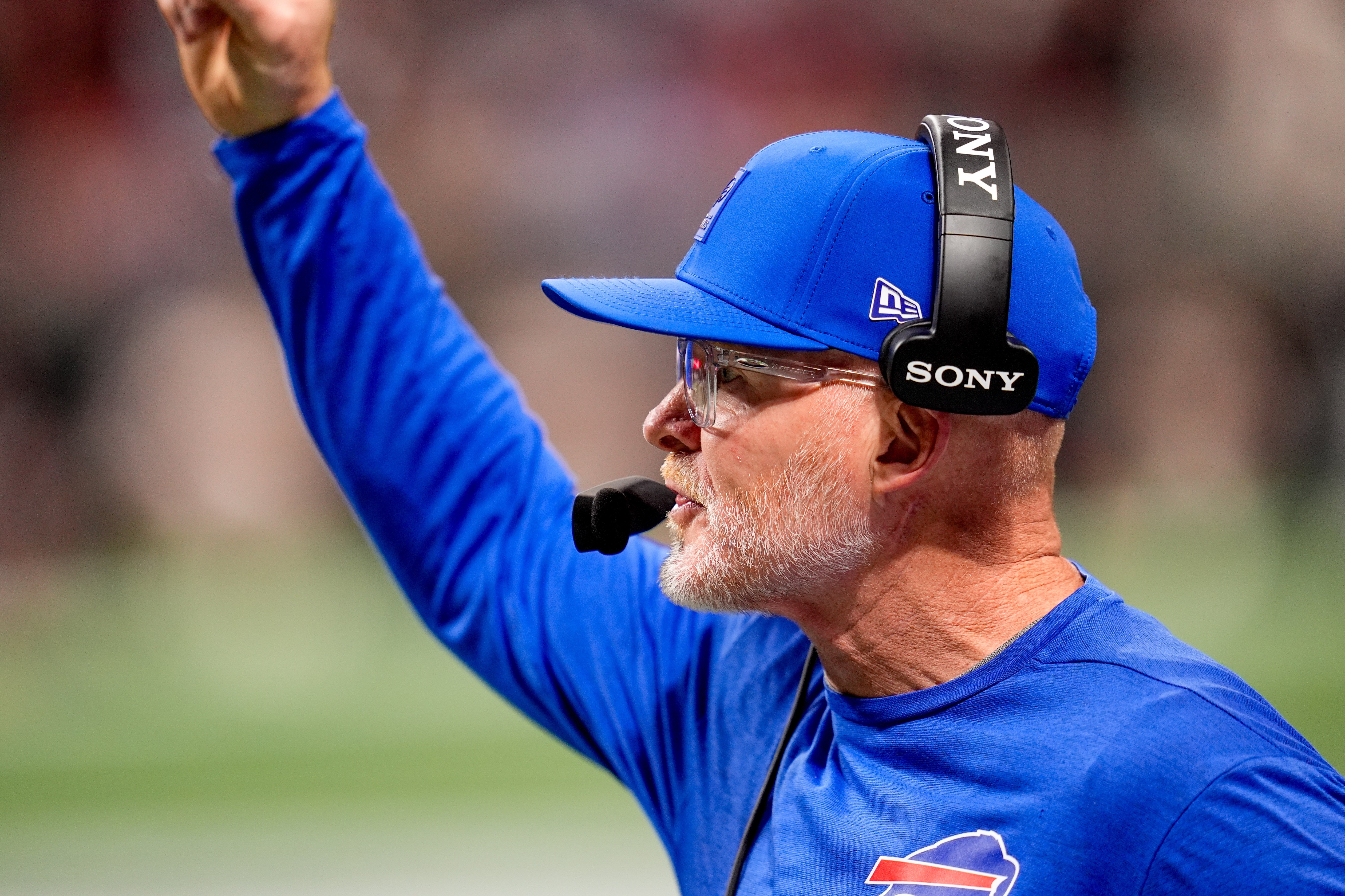 Oct 13, 2025; Atlanta, Georgia, USA; Buffalo Bills head coach Sean McDermott on the sidelines against the Atlanta Falcons during the first half of a game at Mercedes-Benz Stadium.