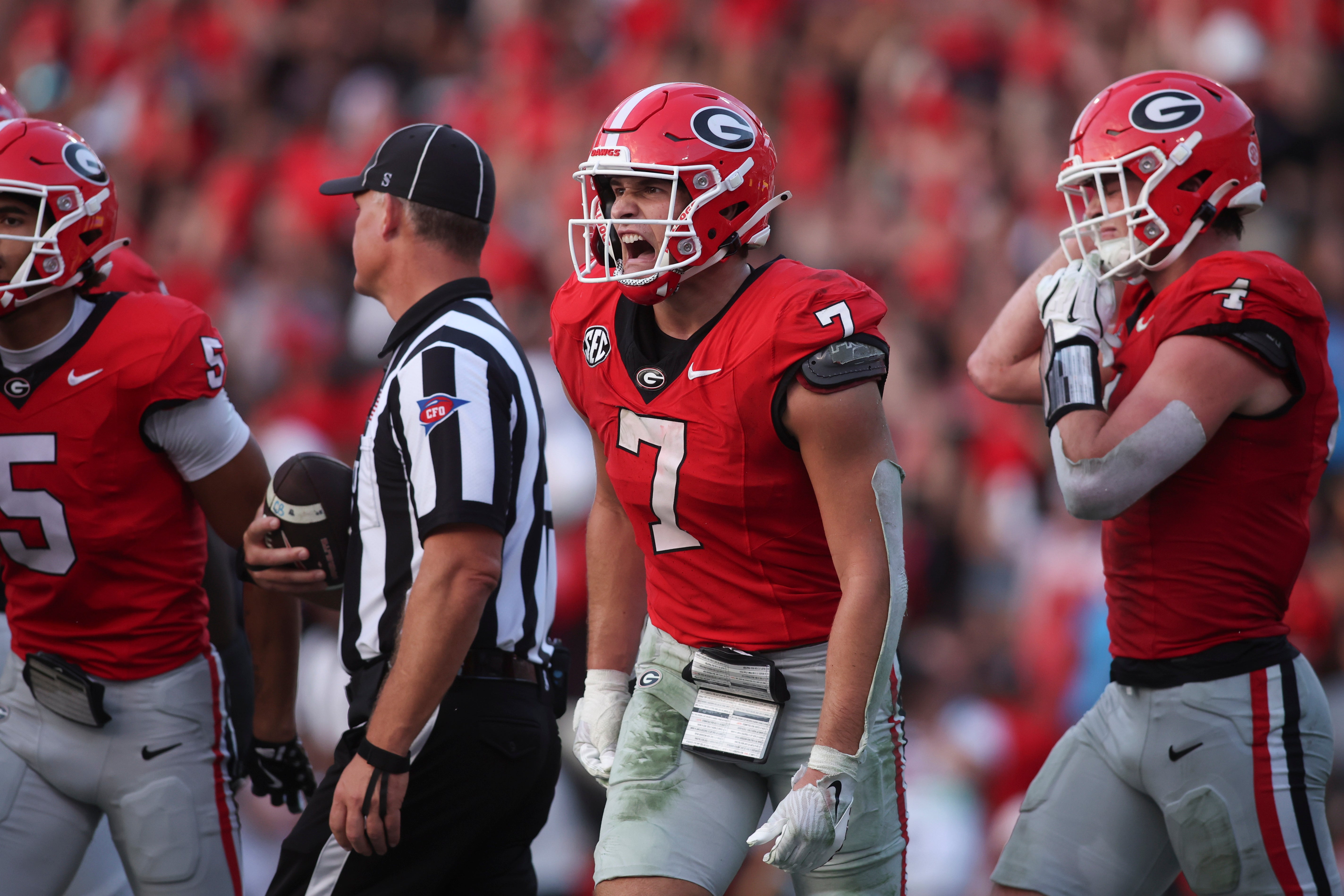 Georgia Bulldogs tight end Lawson Luckie (7) reacts against the Mississippi Rebels during the second half of the game at Sanford Stadium.