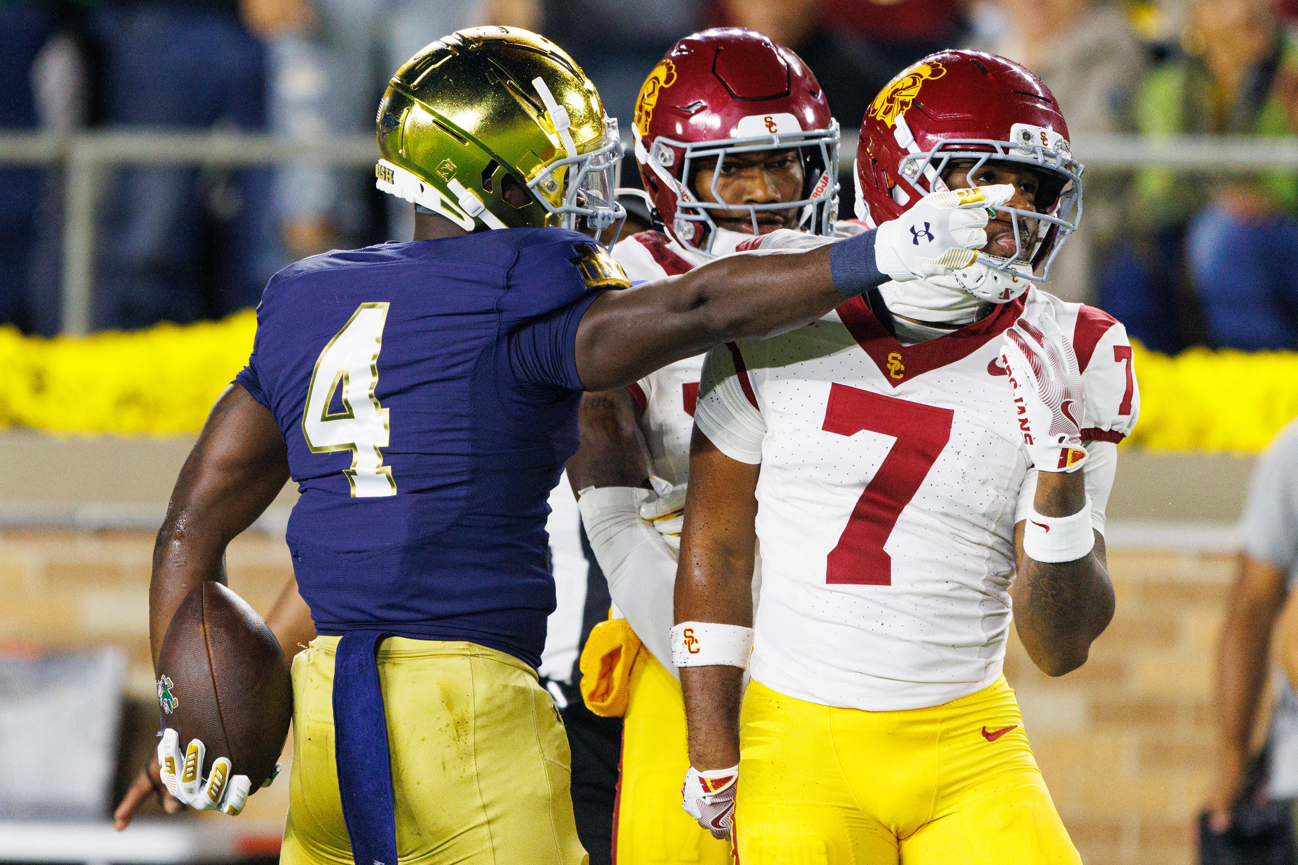 Notre Dame running back Jeremiyah Love (4) celebrates after getting a first down in the first half of a NCAA football game against Southern California at Notre Dame Stadium on Saturday, Oct. 18, 2025, in South Bend.
