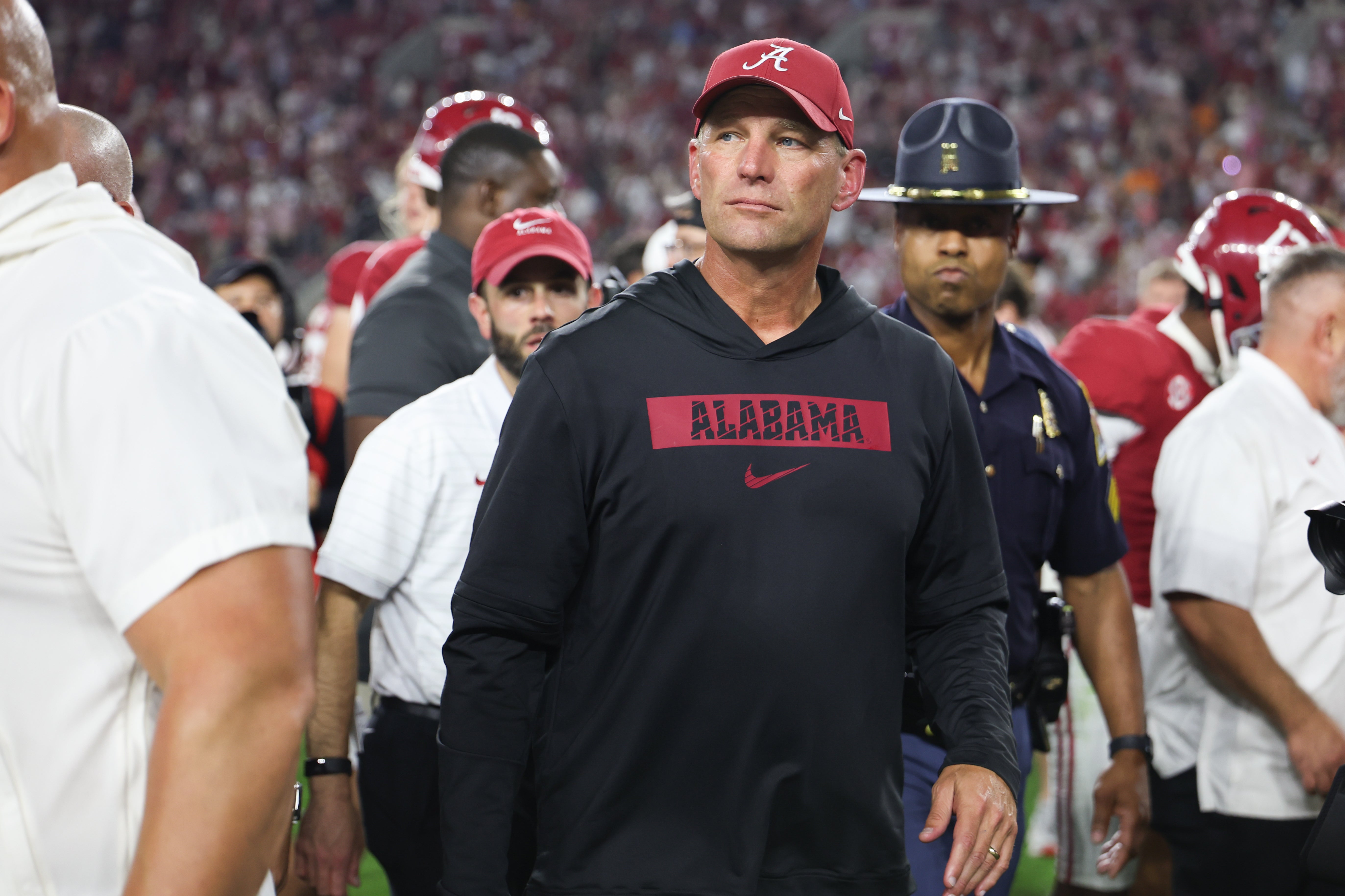 Oct 18, 2025; Tuscaloosa, Alabama, USA; Alabama Crimson Tide head coach Kalen DeBoer looks on after the game against the Tennessee Volunteers at Saban Field at Bryant-Denny Stadium.