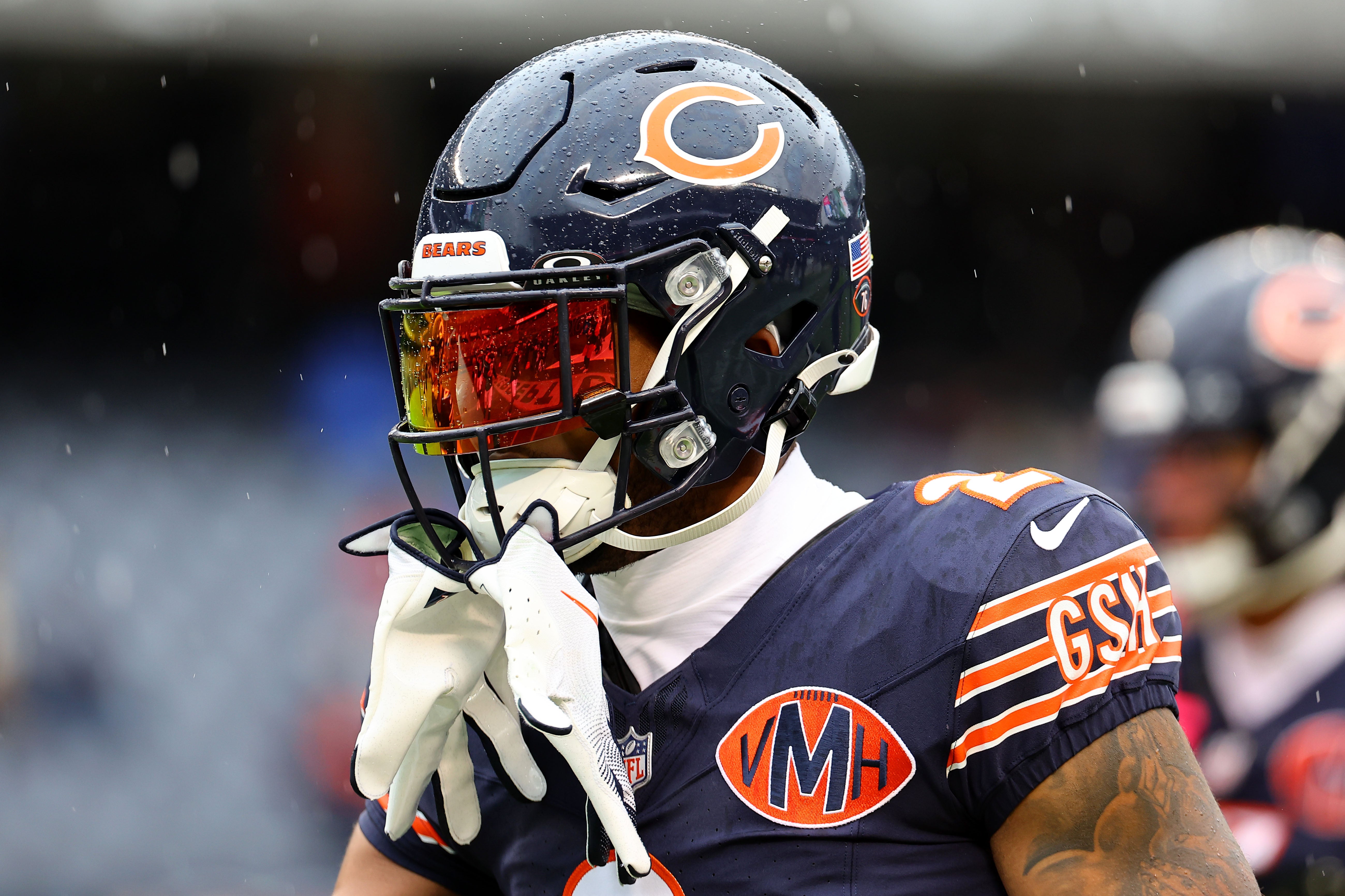 Oct 19, 2025; Chicago, Illinois, USA; Chicago Bears wide receiver DJ Moore (2) practices against the New Orleans Saints before the game at Soldier Field.