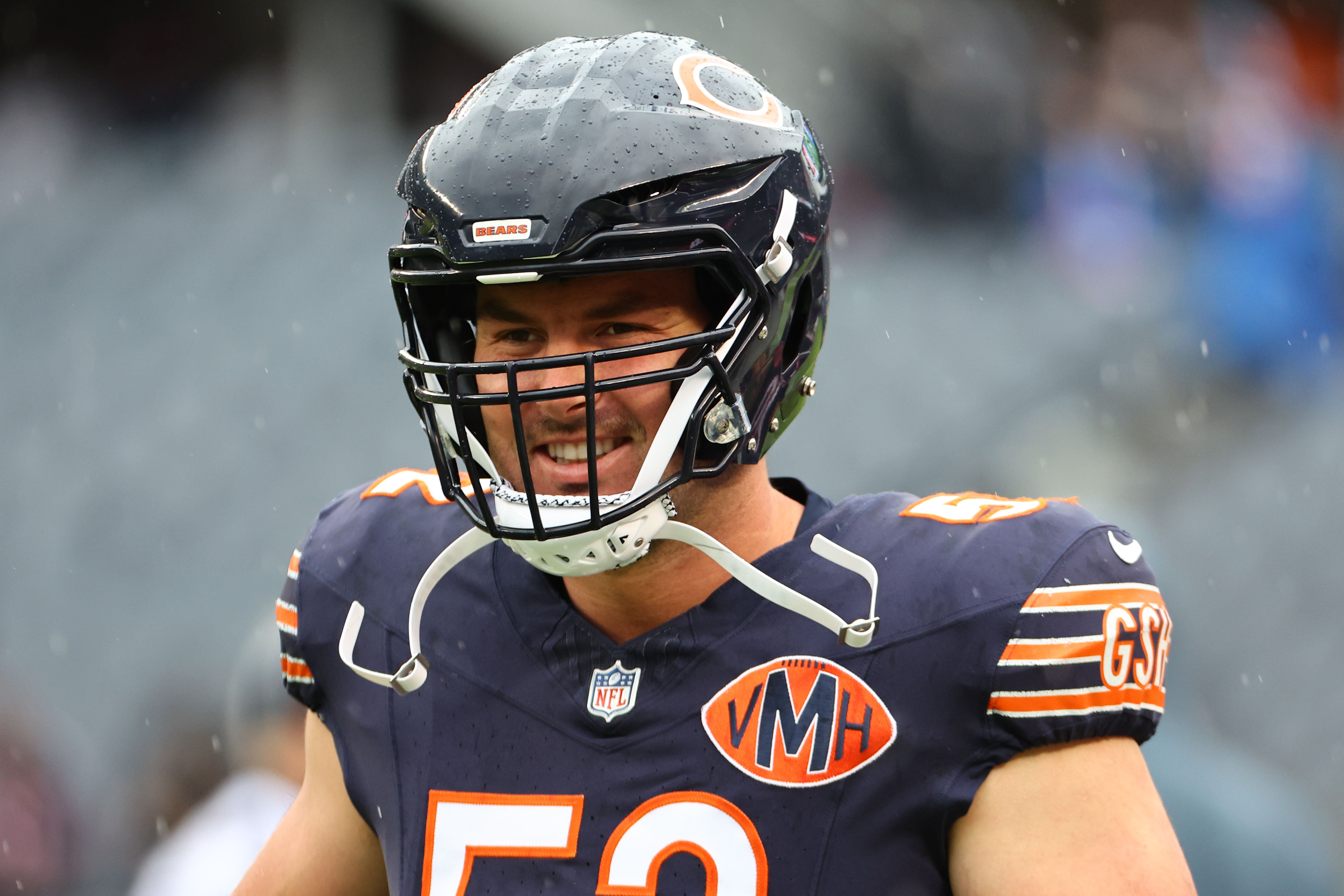 Oct 19, 2025; Chicago, Illinois, USA; Chicago Bears center Drew Dalman (52) practices against the New Orleans Saints before the game at Soldier Field.