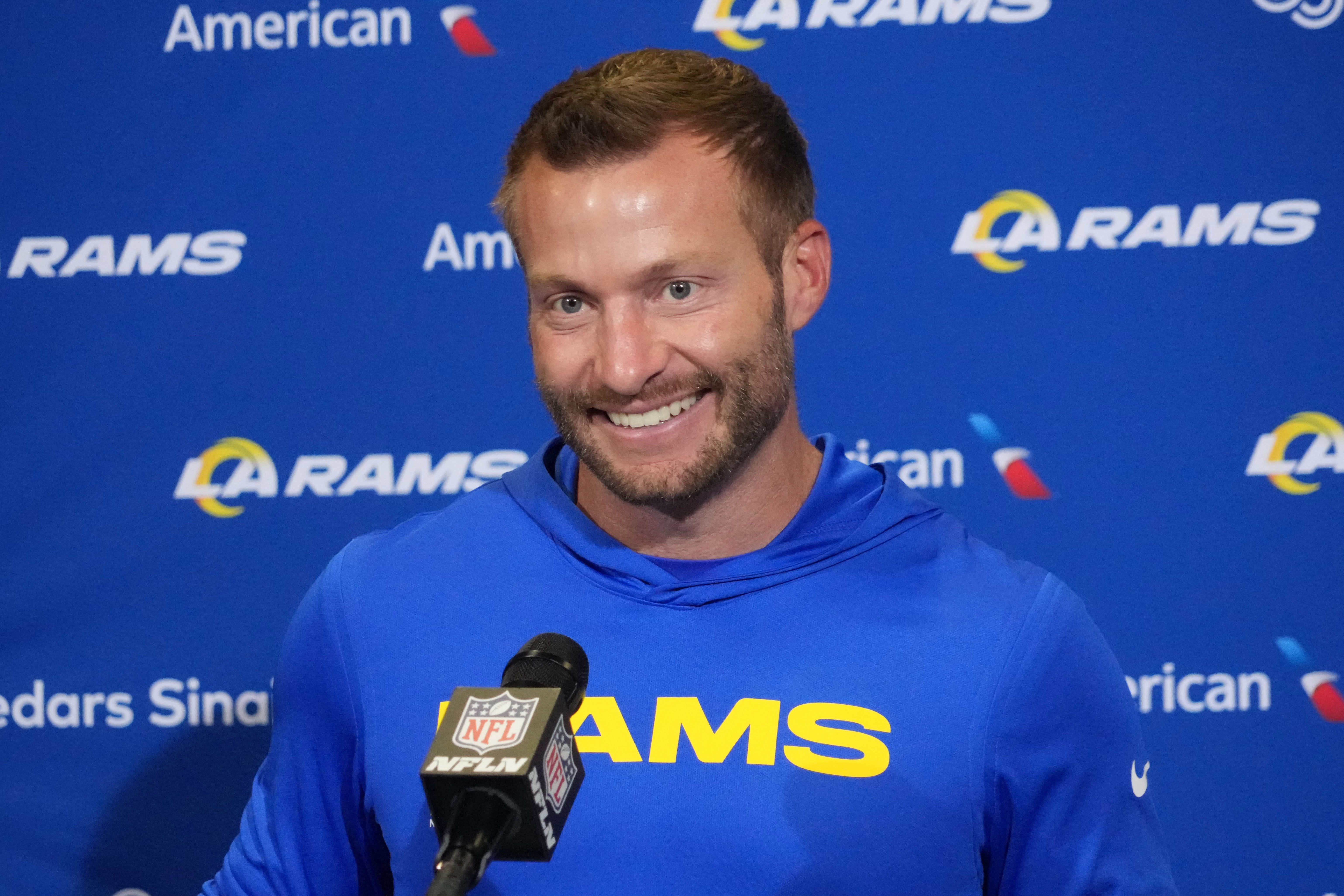 Oct 19, 2025; London, United Kingdom; Los Angeles Rams head coach Sean McVay at a press conference after a NFL International Series game against the Jacksonville Jaguars at Wembley Stadium.