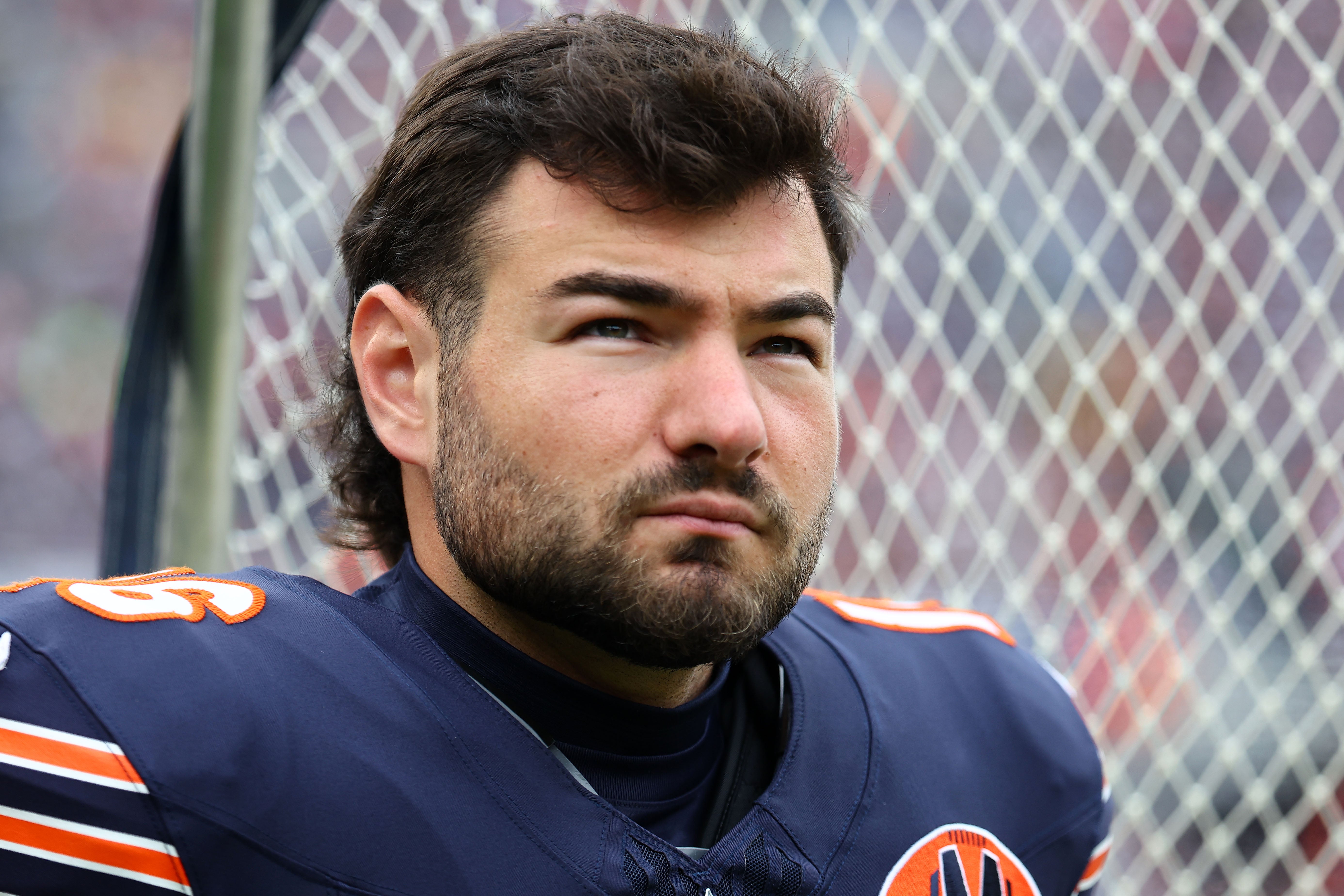 Oct 19, 2025; Chicago, Illinois, USA; Chicago Bears kicker Jake Moody (16) on the sidelines against the New Orleans Saints during the second half at Soldier Field.