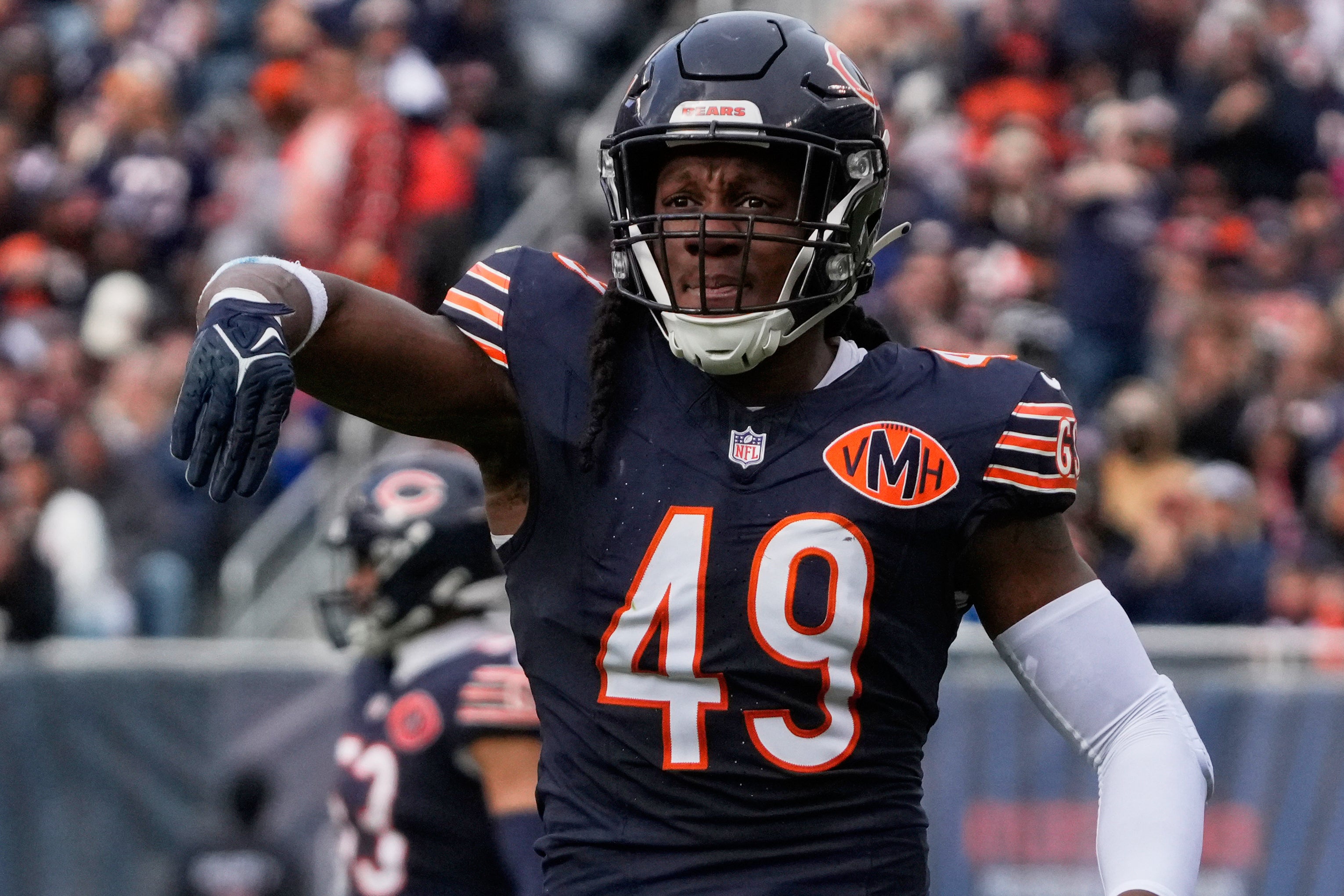 Oct 19, 2025; Chicago, Illinois, USA; Chicago Bears middle linebacker Tremaine Edmunds (49) reacts after sacking New Orleans Saints quarterback Spencer Rattler (not pictured) during the second half at Soldier Field.