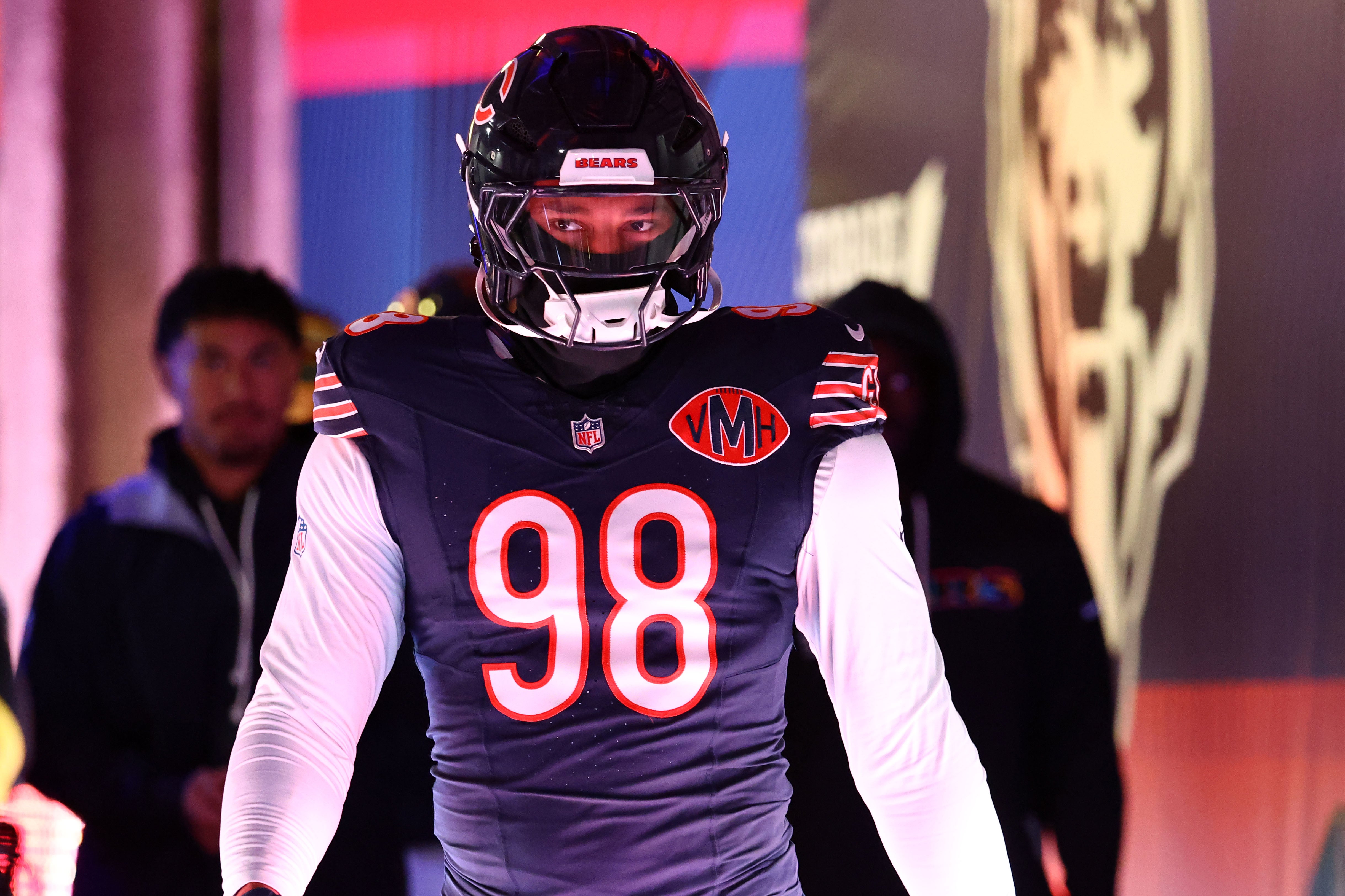 Oct 19, 2025; Chicago, Illinois, USA; Chicago Bears defensive end Montez Sweat (98) takes the field before the game against the New Orleans Saints at Soldier Field.