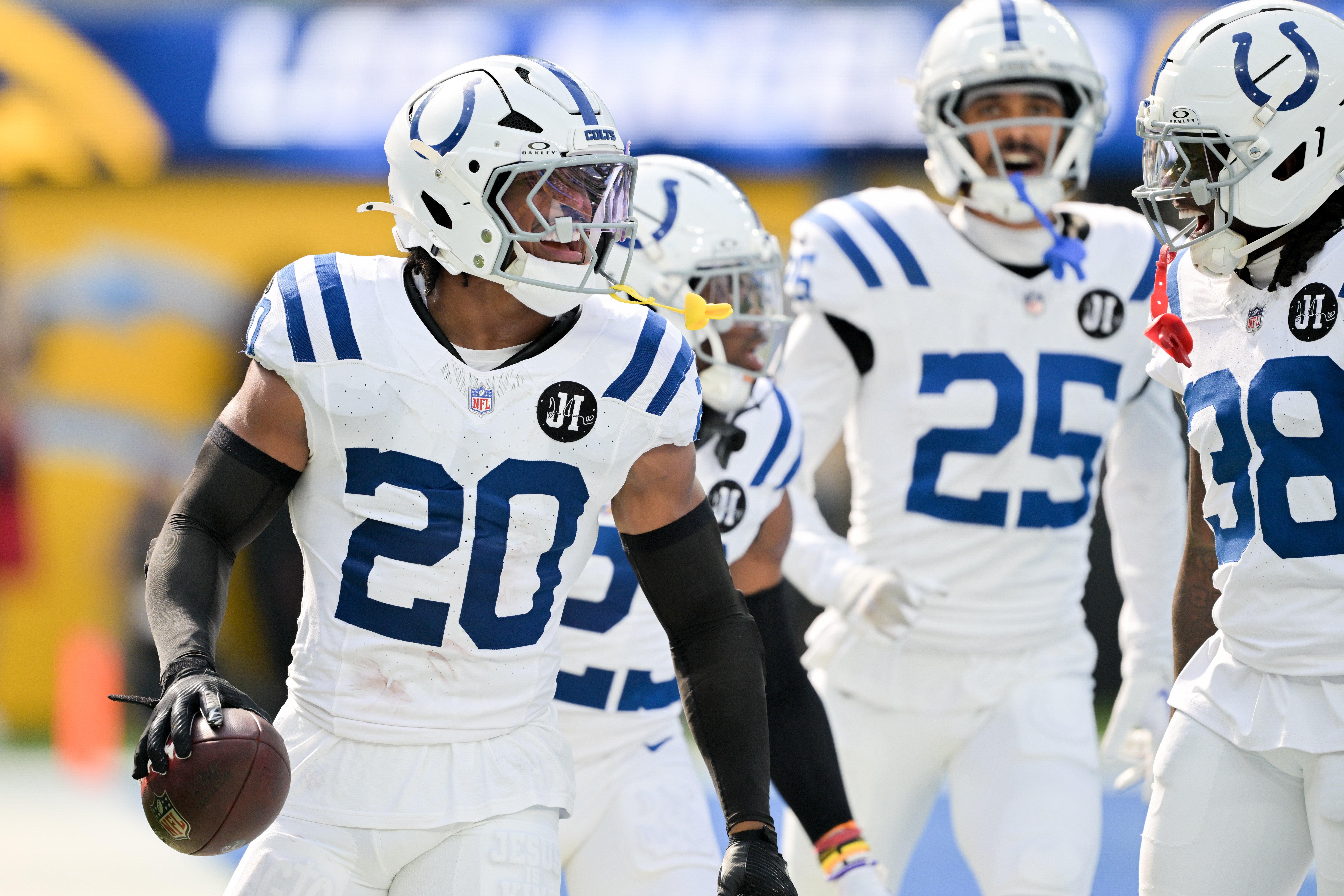 Colts S Nick Cross celebrates an interception
