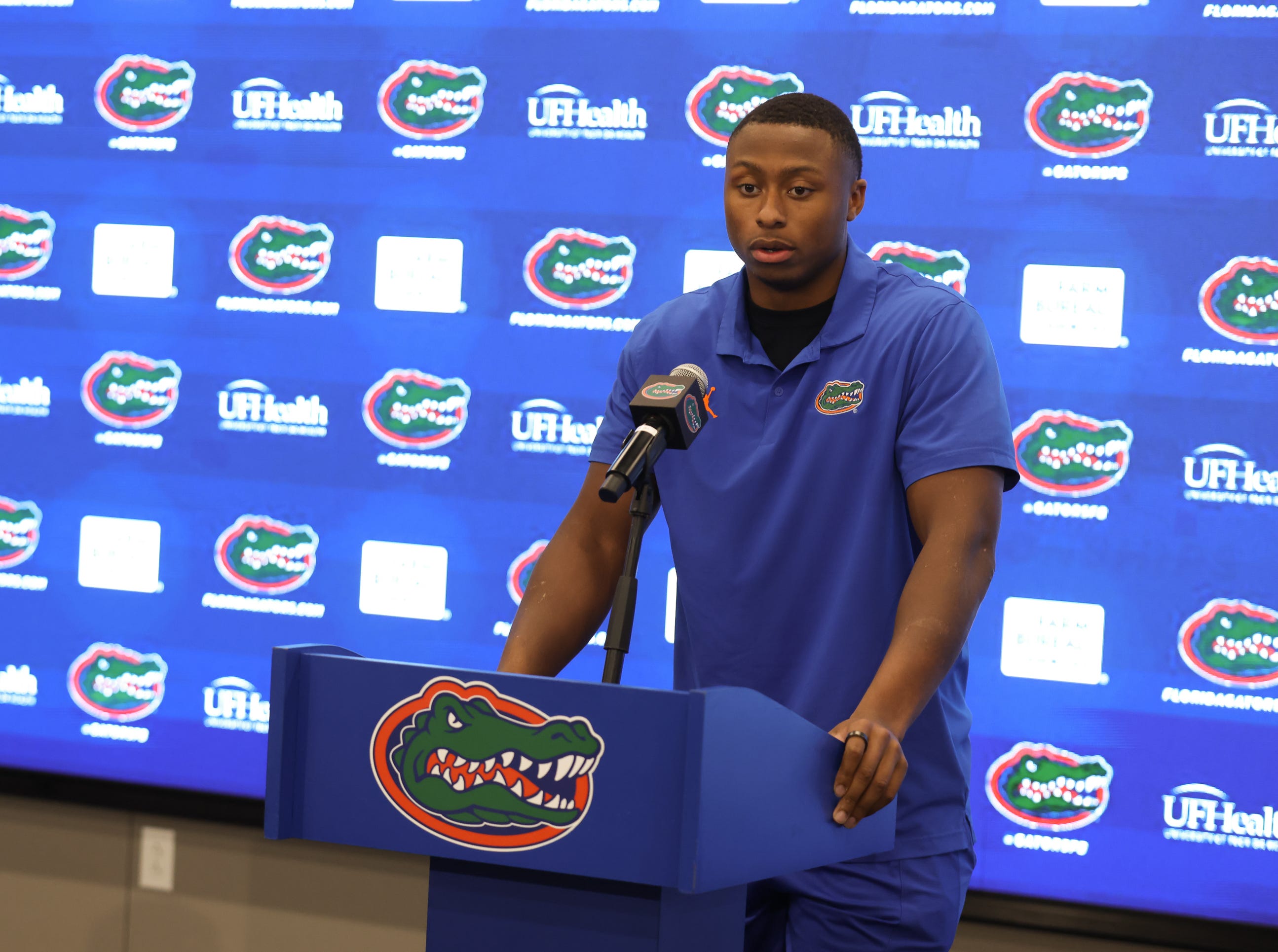 Florida quarterback DJ Lagway (2) takes questions during a press conference about Billy Napier’s firing at Heavener Football Center in Gainesville, FL on Monday, October 20, 2025.