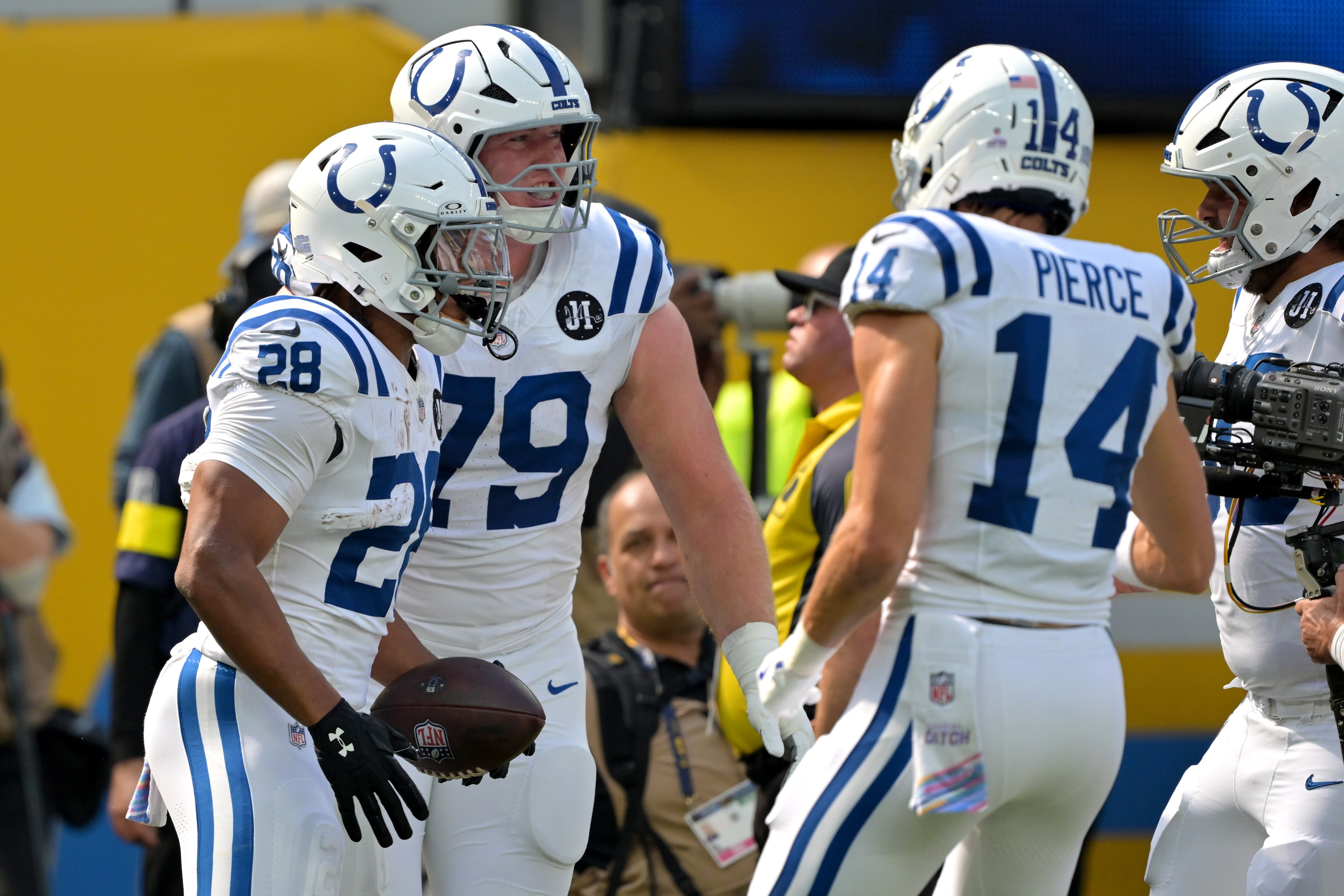Colts celebrate a score vs. the Chargers