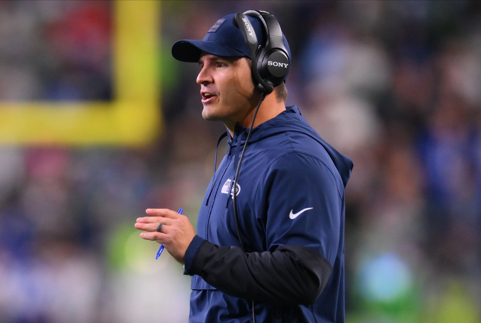 Oct 20, 2025; Seattle, Washington, USA; Seattle Seahawks head coach Mike Macdonald instructs his team during the fourth quarter against the Houston Texans at Lumen Field.