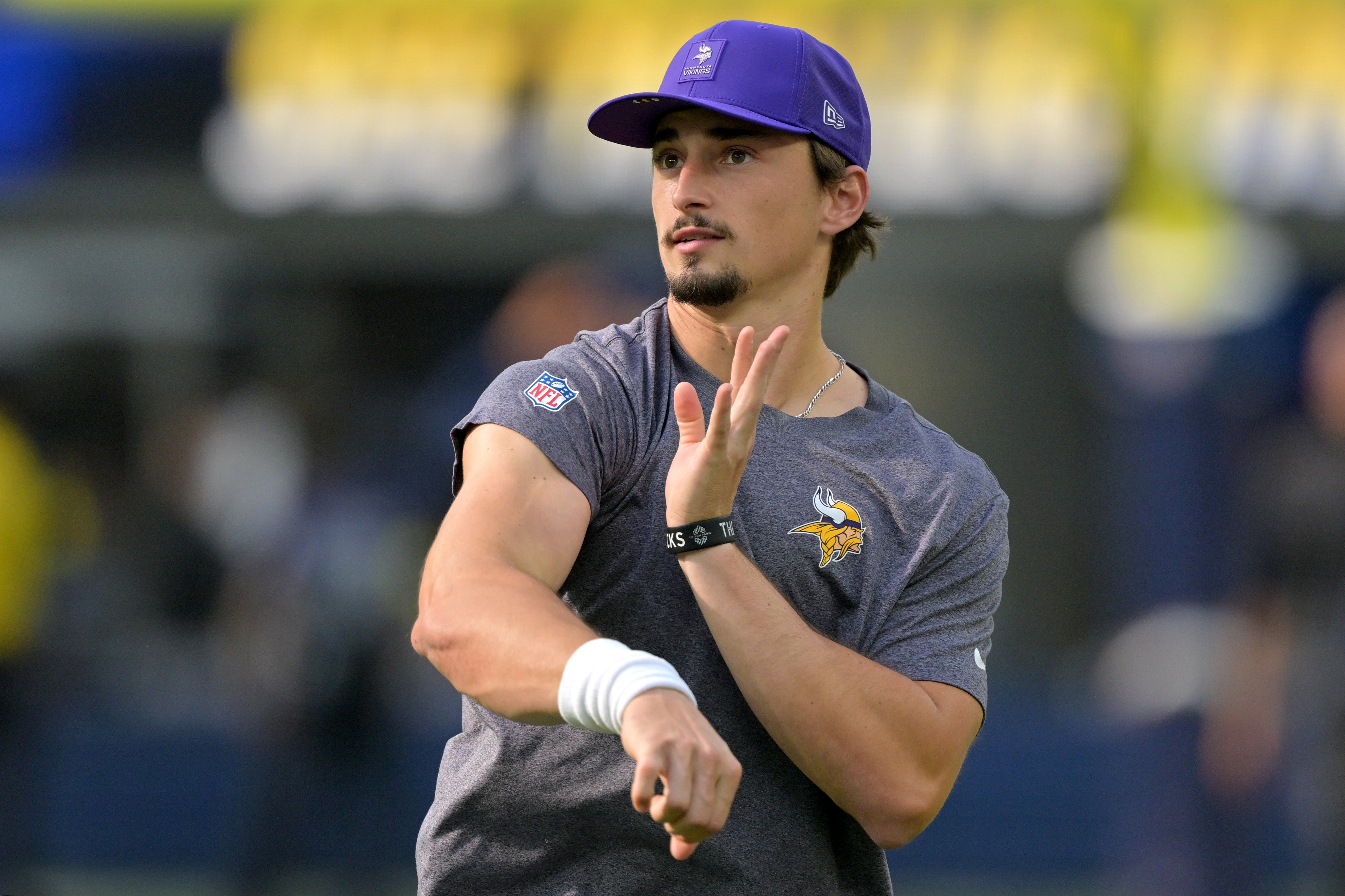 Oct 23, 2025; Inglewood, California, USA; Minnesota Vikings quarterback Max Brosmer (12) warms up prior to the game against the Los Angeles Chargers at SoFi Stadium.