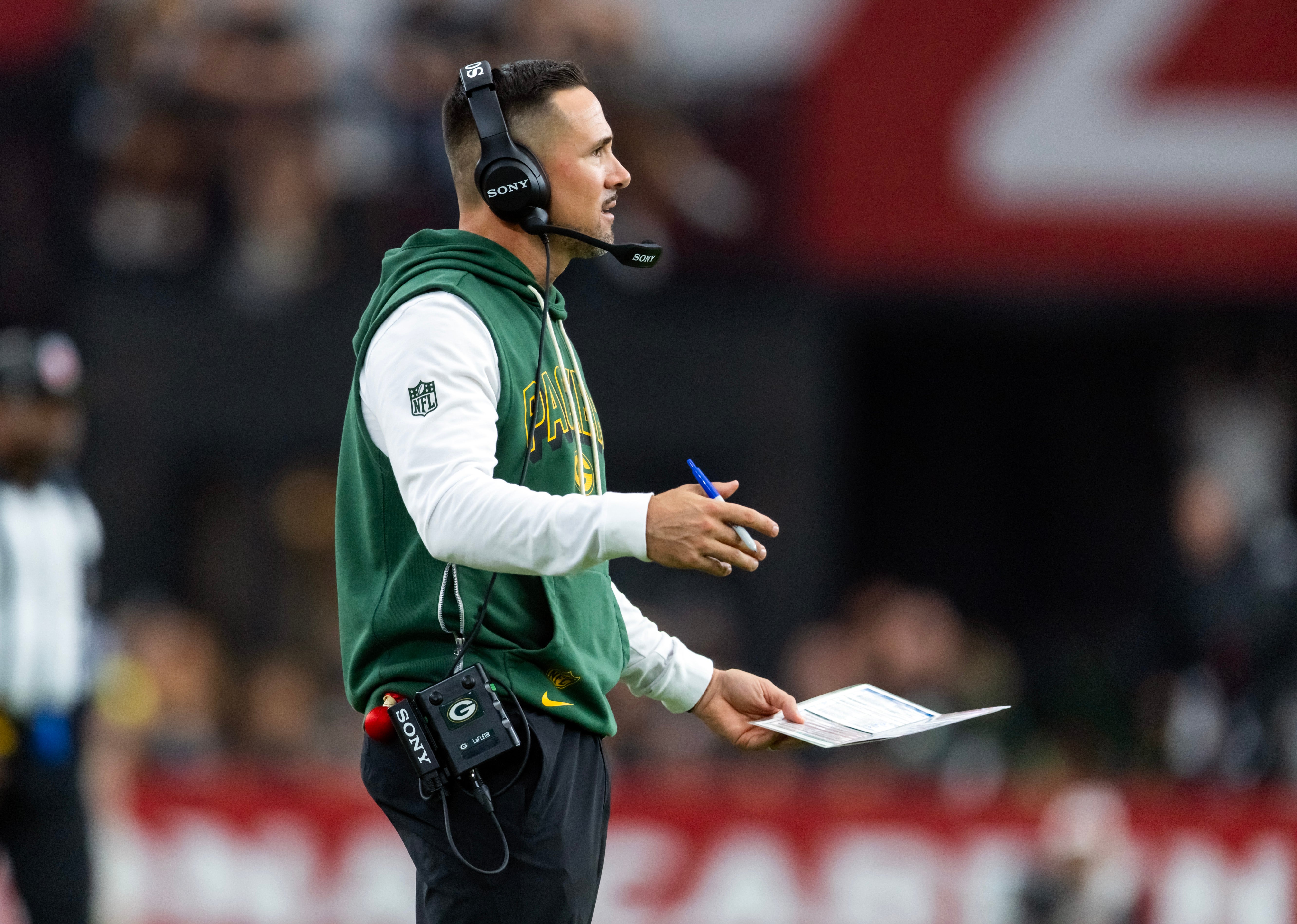 Oct 19, 2025; Glendale, Arizona, USA; Green Bay Packers head coach Matt LaFleur against the Arizona Cardinals at State Farm Stadium.