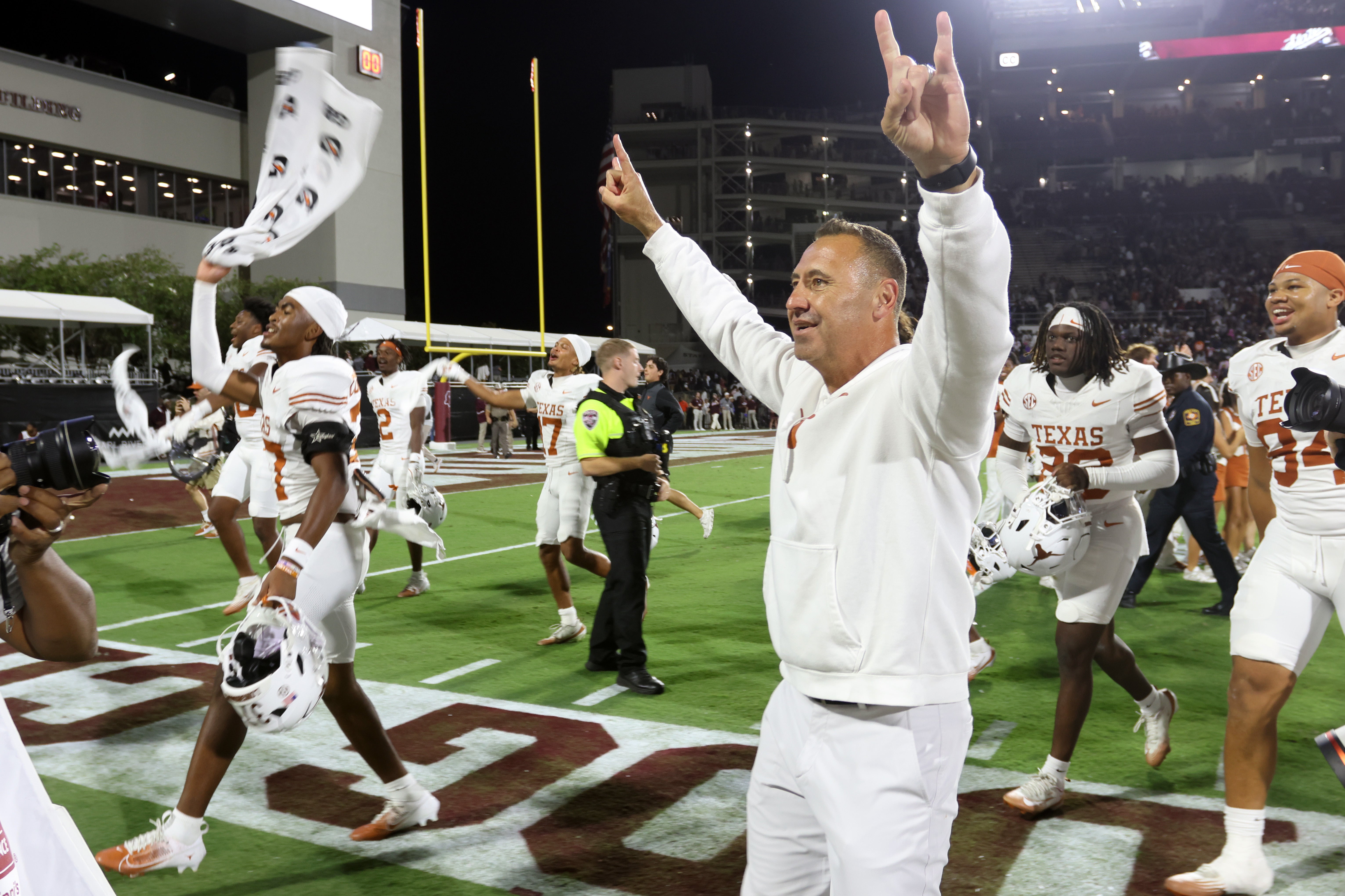 Oct 25, 2025; Starkville, Mississippi, USA; Texas Longhorns head coach Steve Sarkisian reacts after beating the Mississippi State Bulldogs in overtime at Davis Wade Stadium at Scott Field. Mandatory Credit: Petre Thomas-Imagn Images