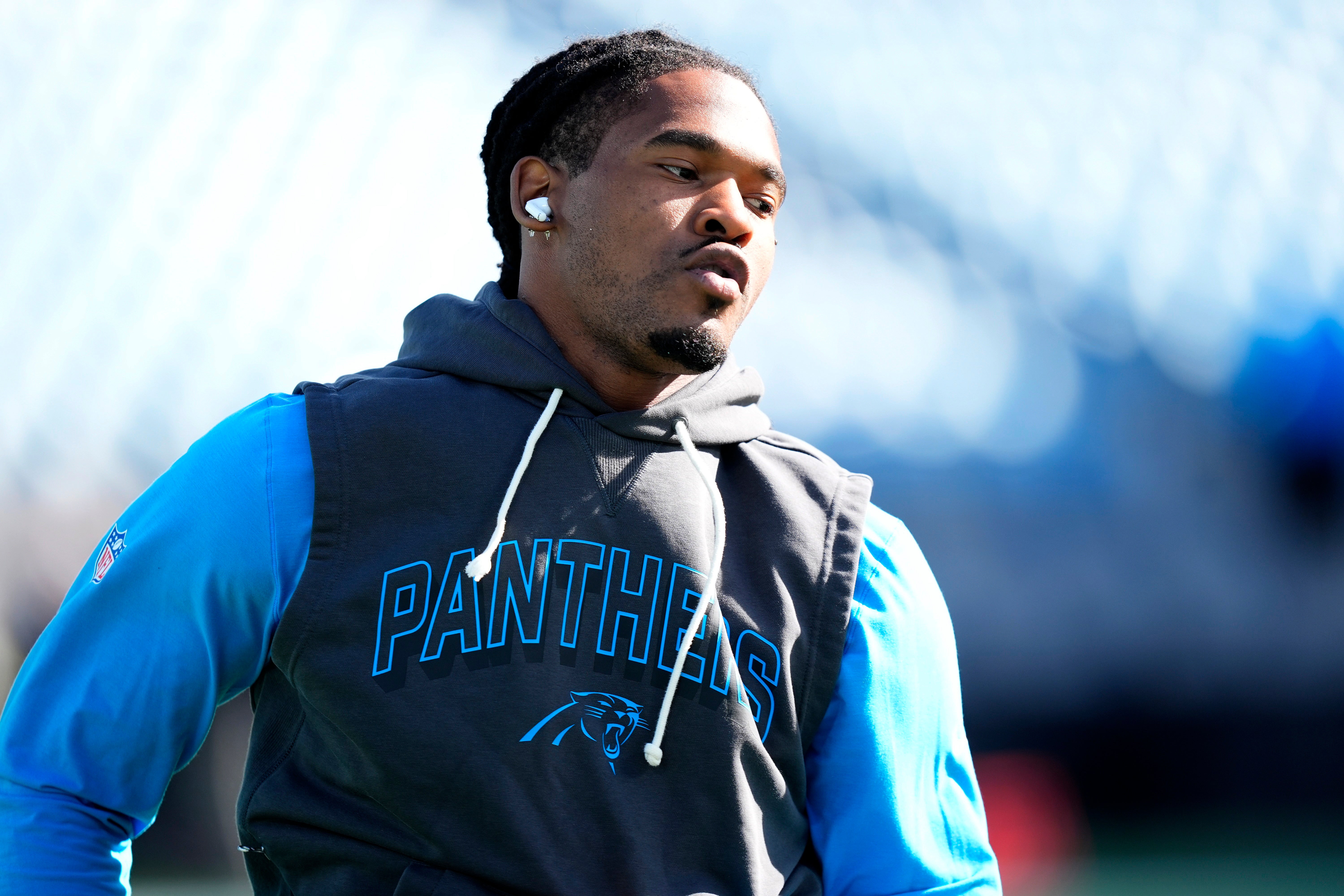 Oct 26, 2025; Charlotte, North Carolina, USA; Carolina Panthers running back Rico Dowdle (5) warms up before a game against the Buffalo Bills at Bank of America Stadium.