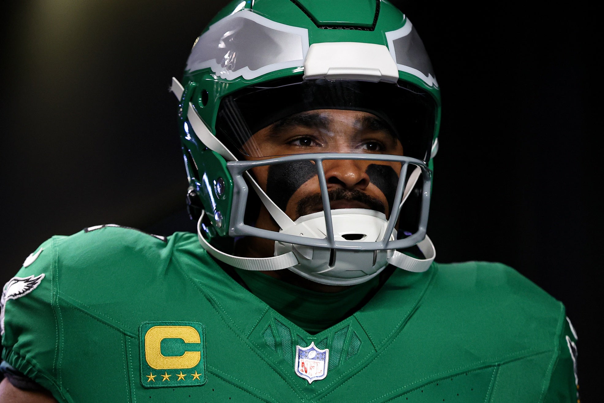 Philadelphia Eagles quarterback Jalen Hurts (1) comes out of the tunnel for warm ups against the New York Giants at Lincoln Financial Field.