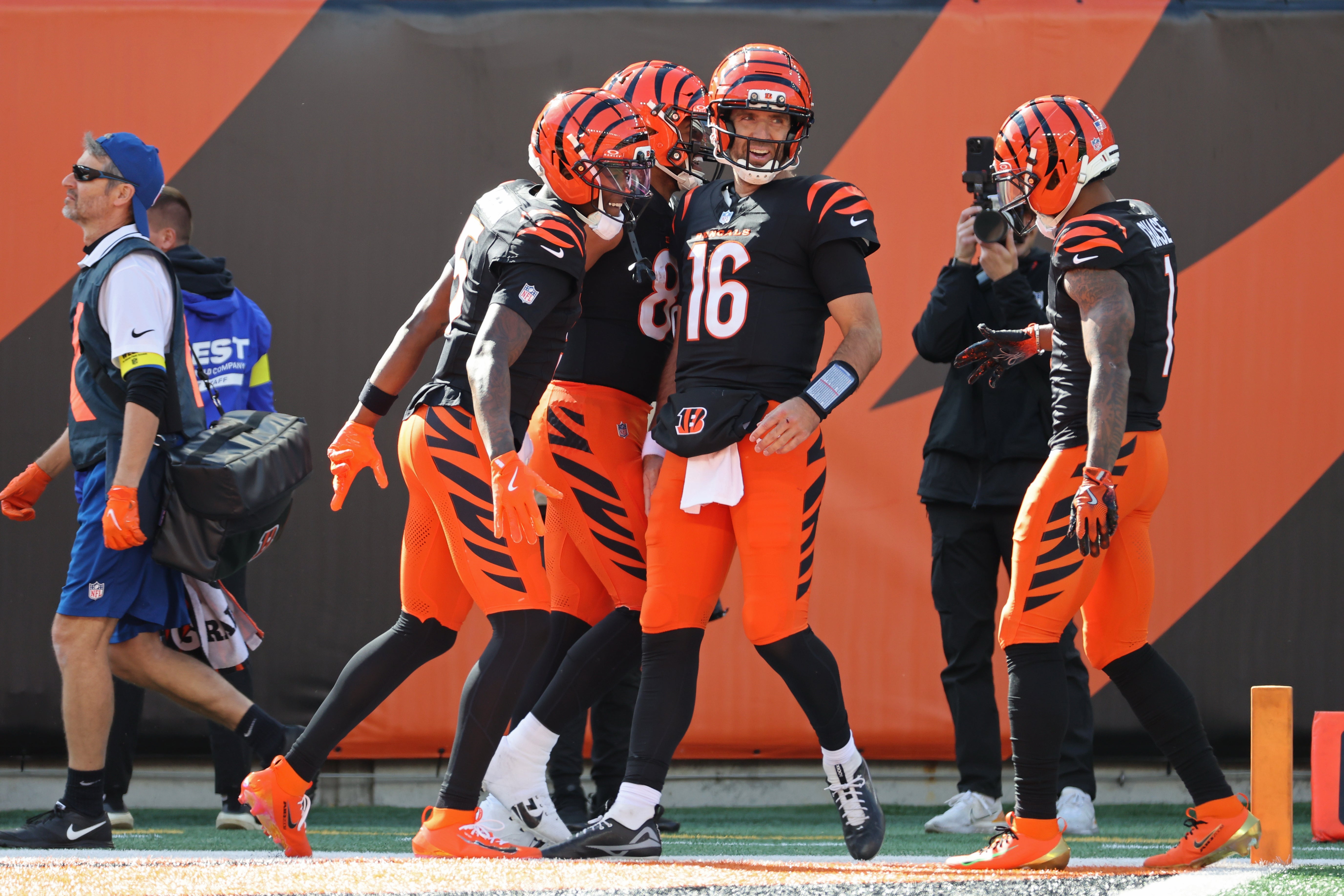 Oct 26, 2025; Cincinnati, Ohio, USA; Cincinnati Bengals quarterback Joe Flacco (16) smiles during the second quarter against the New York Jets at Paycor Stadium.