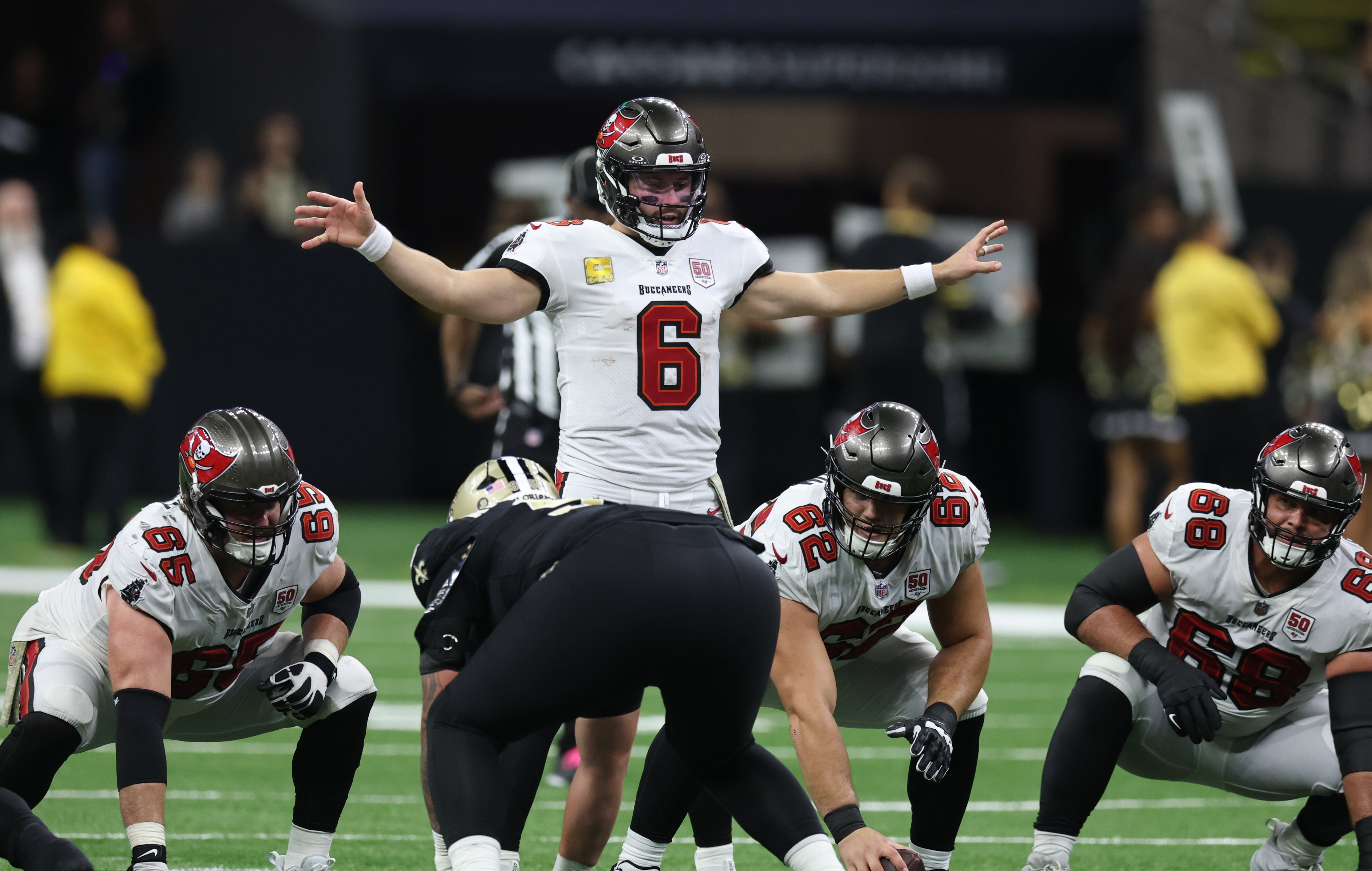 Oct 26, 2025; New Orleans, Louisiana, USA; Tampa Bay Buccaneers quarterback Baker Mayfield (6) directs a play during the fourth quarter against the New Orleans Saints at Caesars Superdome.
