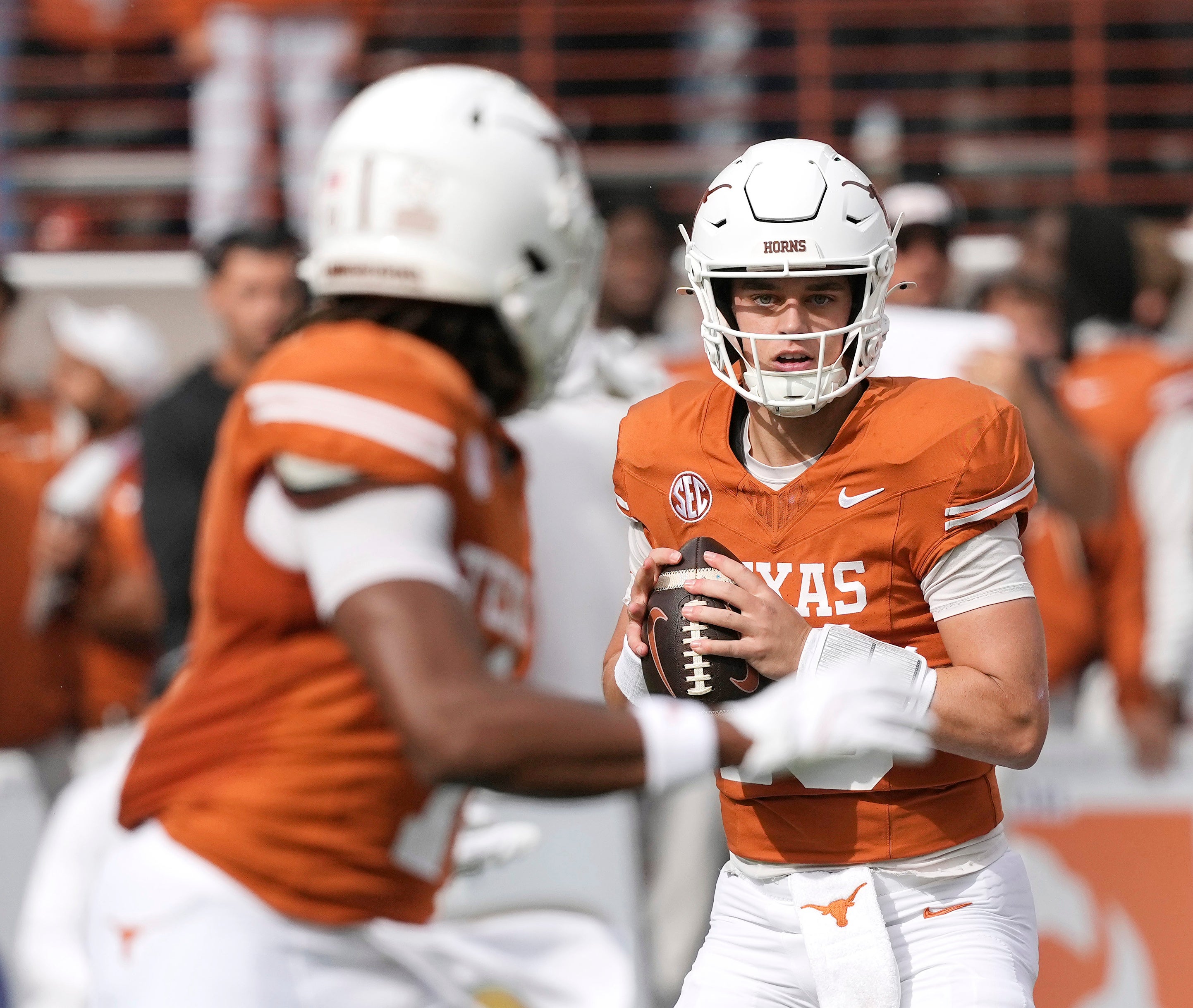 Nov 1, 2025; Austin, Texas, USA; Texas Longhorns quarterback Arch Manning (16) looks to pass on the first play of the game against the Vanderbilt Commodores at Darrell K Royal-Texas Memorial Stadium. Mandatory Credit: Scott Wachter-Imagn Images