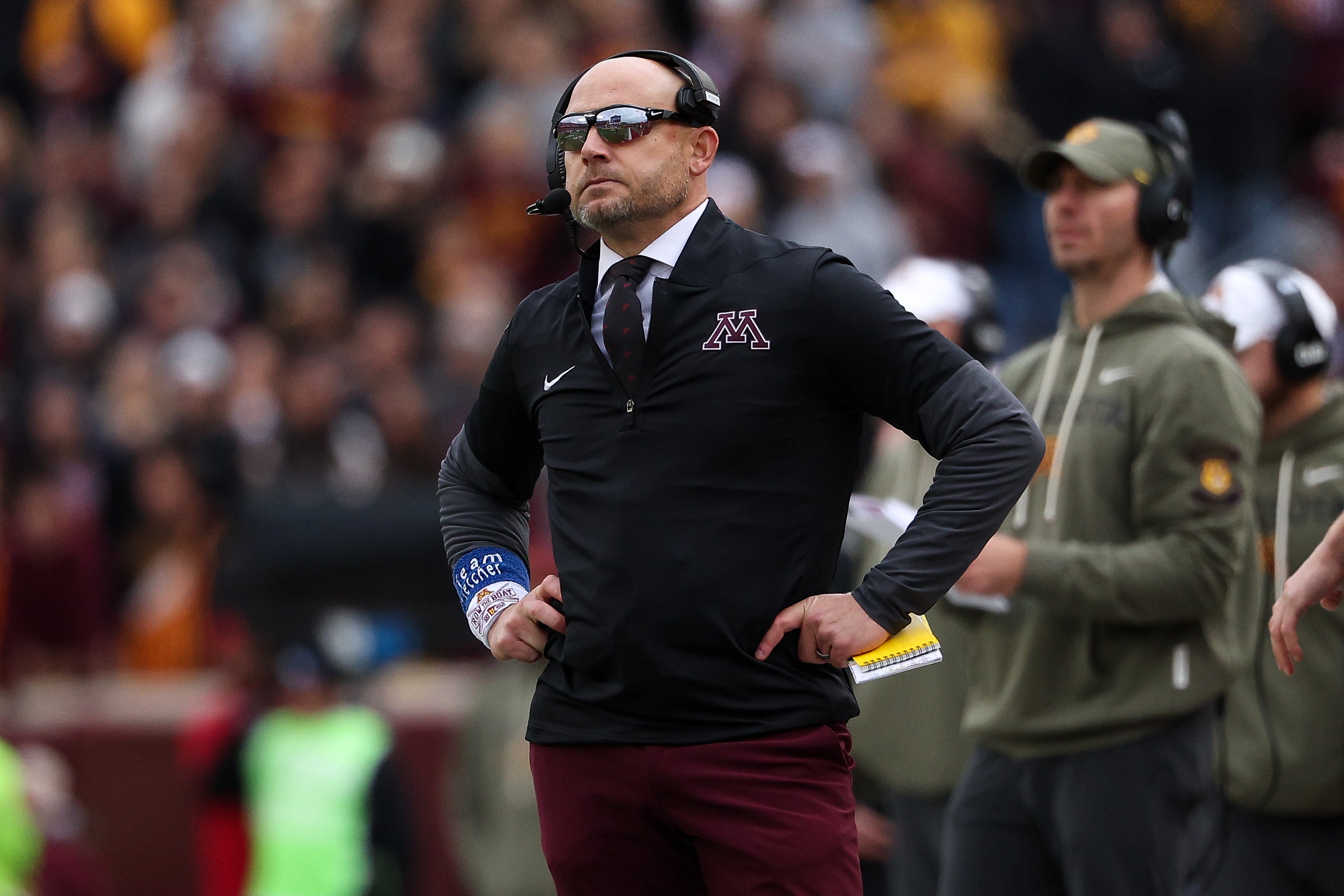 Nov 1, 2025; Minneapolis, Minnesota, USA; Minnesota Golden Gophers head coach P.J. Fleck looks on during the first half against the Michigan State Spartans at Huntington Bank Stadium. Mandatory Credit: Matt Krohn-Imagn Images