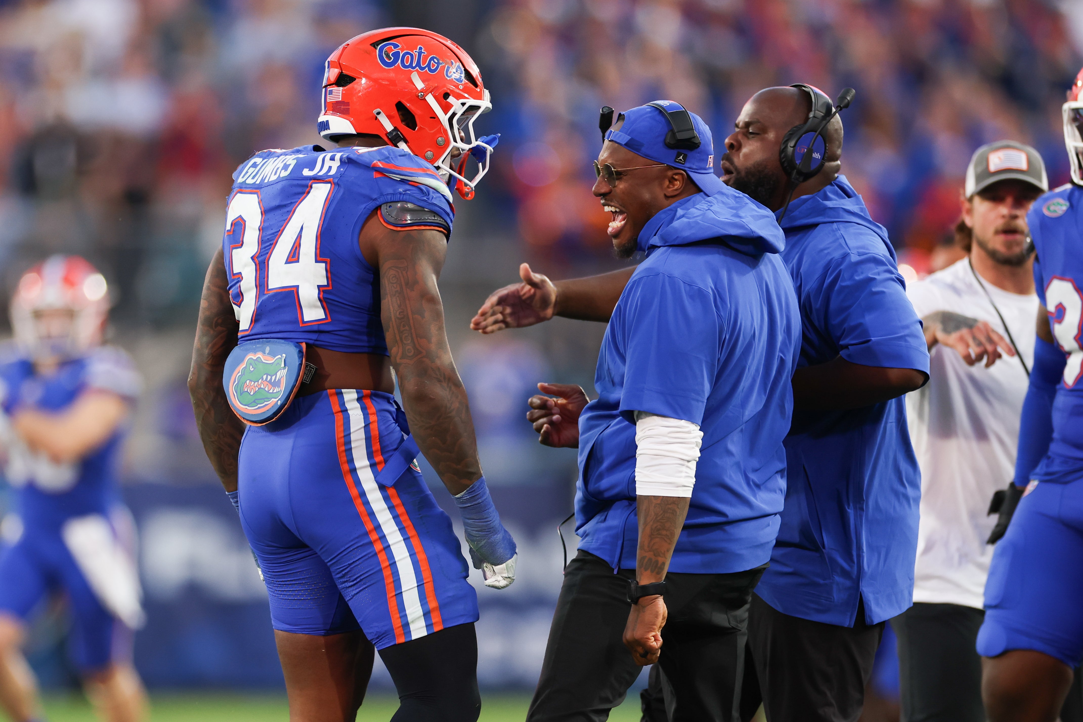 Nov 1, 2025; Jacksonville, Florida, USA; Florida Gators edge rusher George Gumbs Jr. (34) celebrates a play in the second half against the Georgia Bulldogs at EverBank Stadium.
