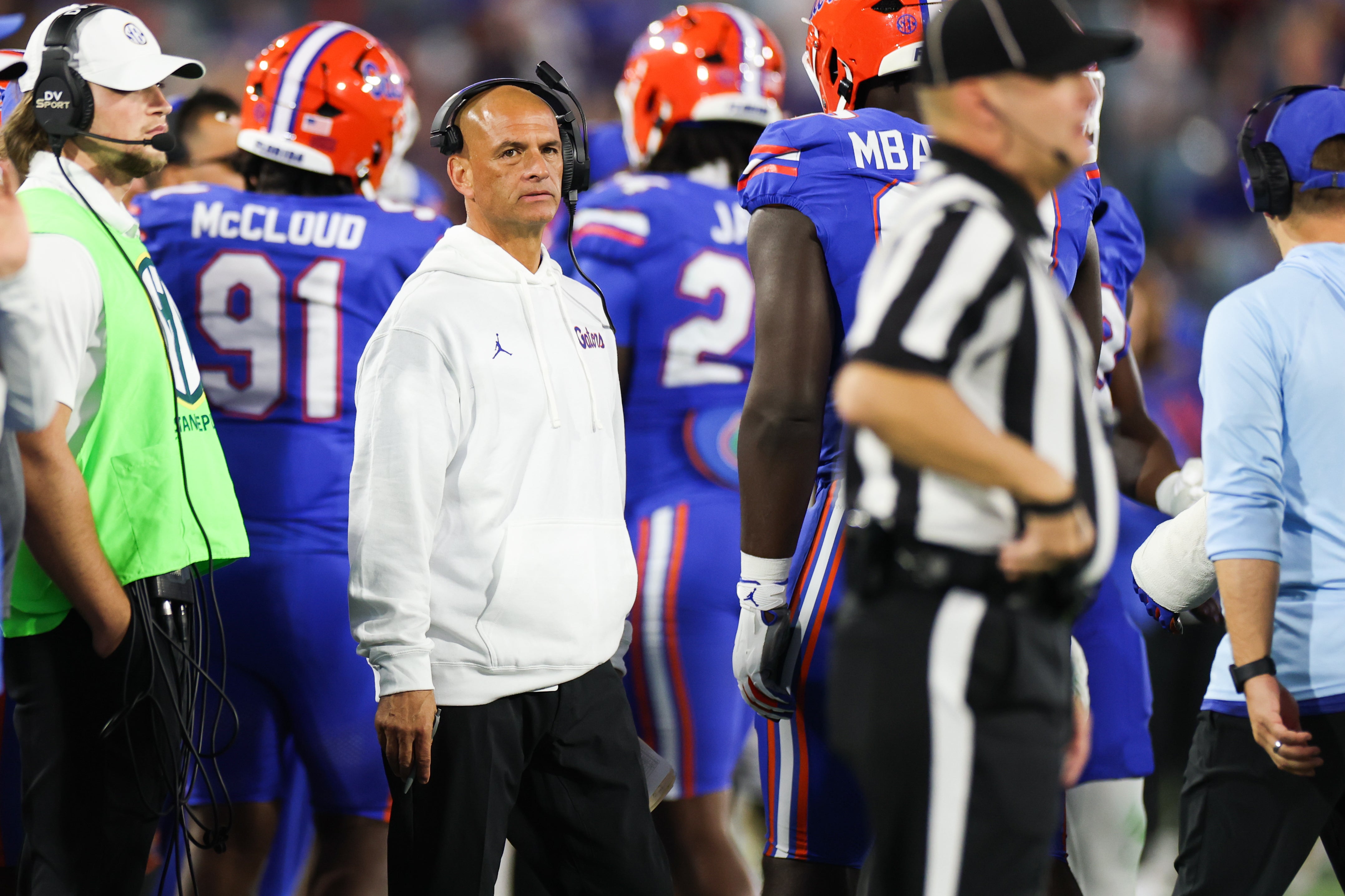 Nov 1, 2025; Jacksonville, Florida, USA; Florida Gators interim head coach Billy Gonzales looks on from the sideline during the second half against the Georgia Bulldogs at EverBank Stadium.