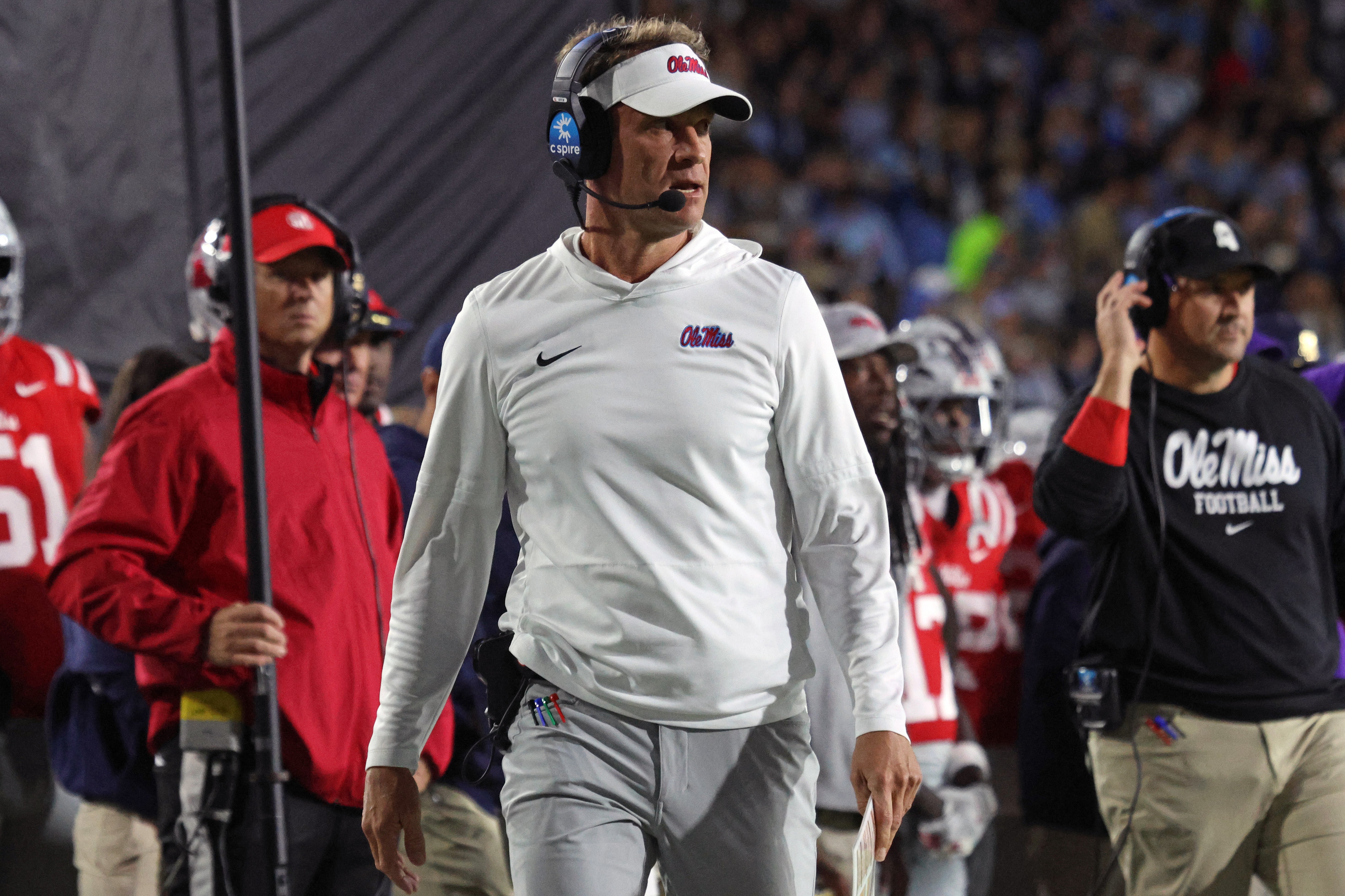 Nov 1, 2025; Oxford, Mississippi, USA; Mississippi Rebels head coach Lane Kiffin looks on during the first quarter against the South Carolina Gamecocks at Vaught-Hemingway Stadium.