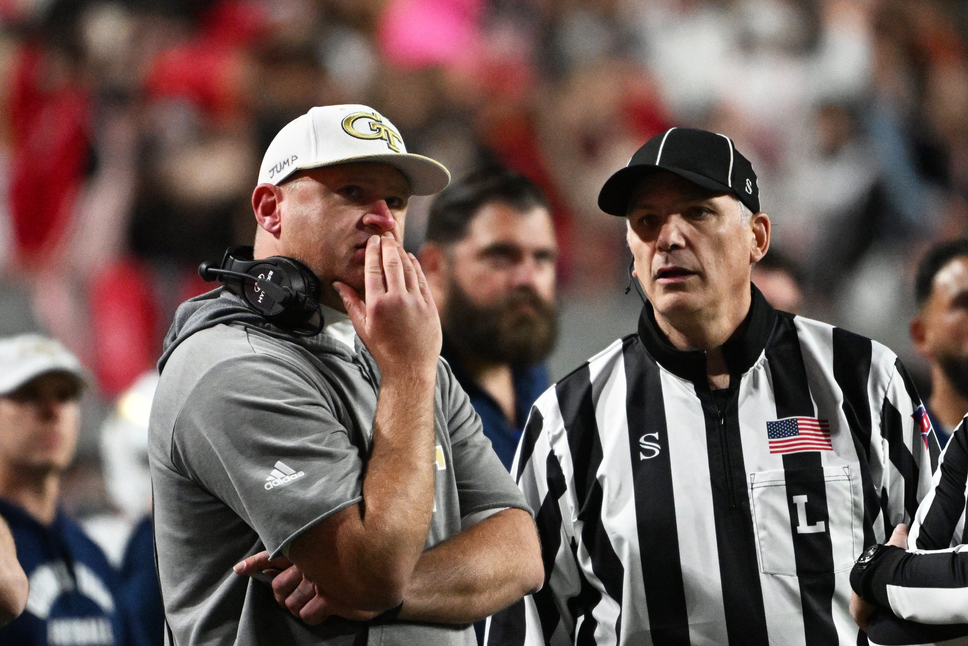 Nov 1, 2025; Raleigh, North Carolina, USA; Georgia Tech Yellow Jackets head coach Brent key during the first quarter at Carter-Finley Stadium. Mandatory Credit: Zachary Taft-Imagn Images