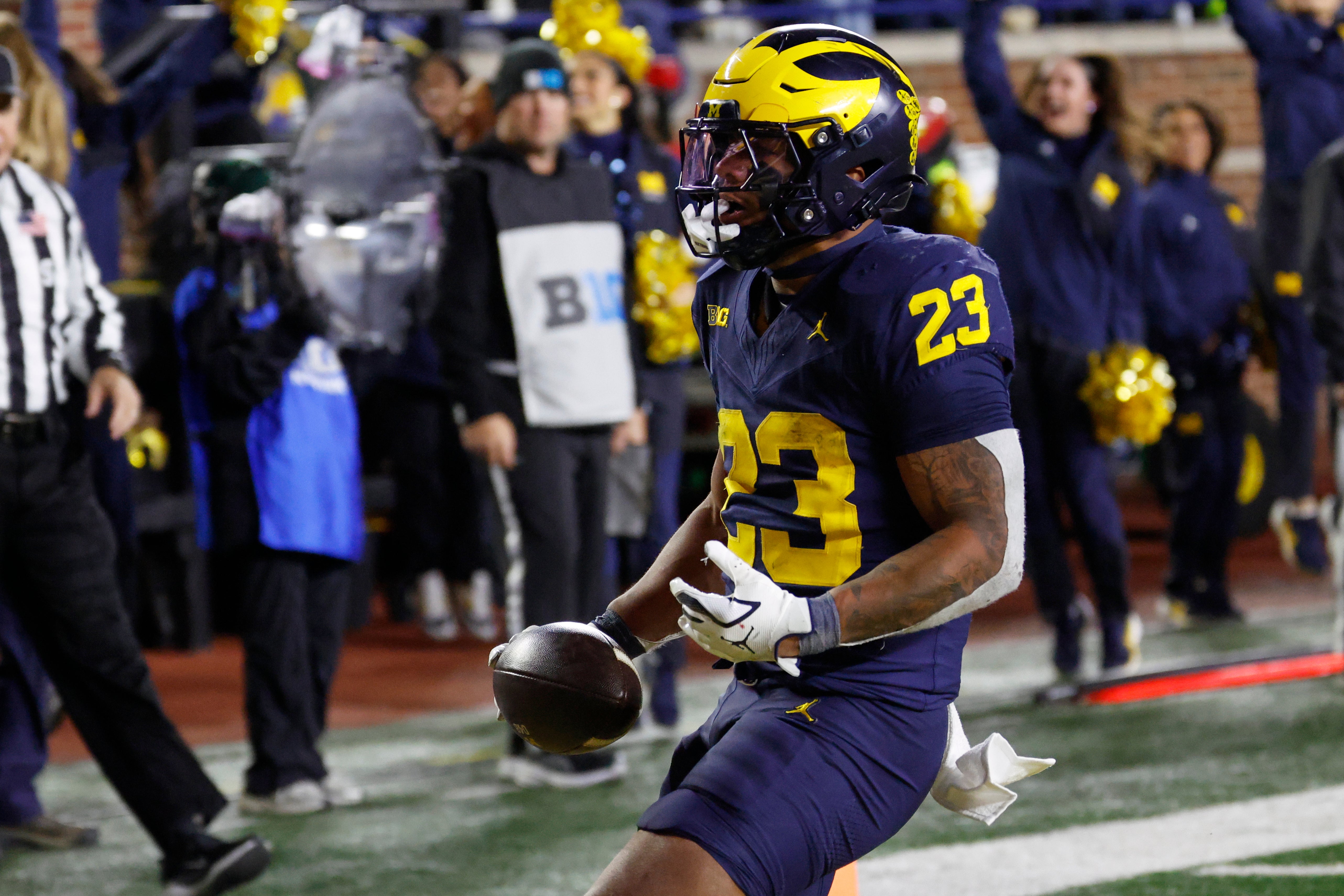 Nov 1, 2025; Ann Arbor, Michigan, USA; Michigan Wolverines running back Jordan Marshall (23) rushes for a touchdown in the second half against the Purdue Boilermakers at Michigan Stadium.