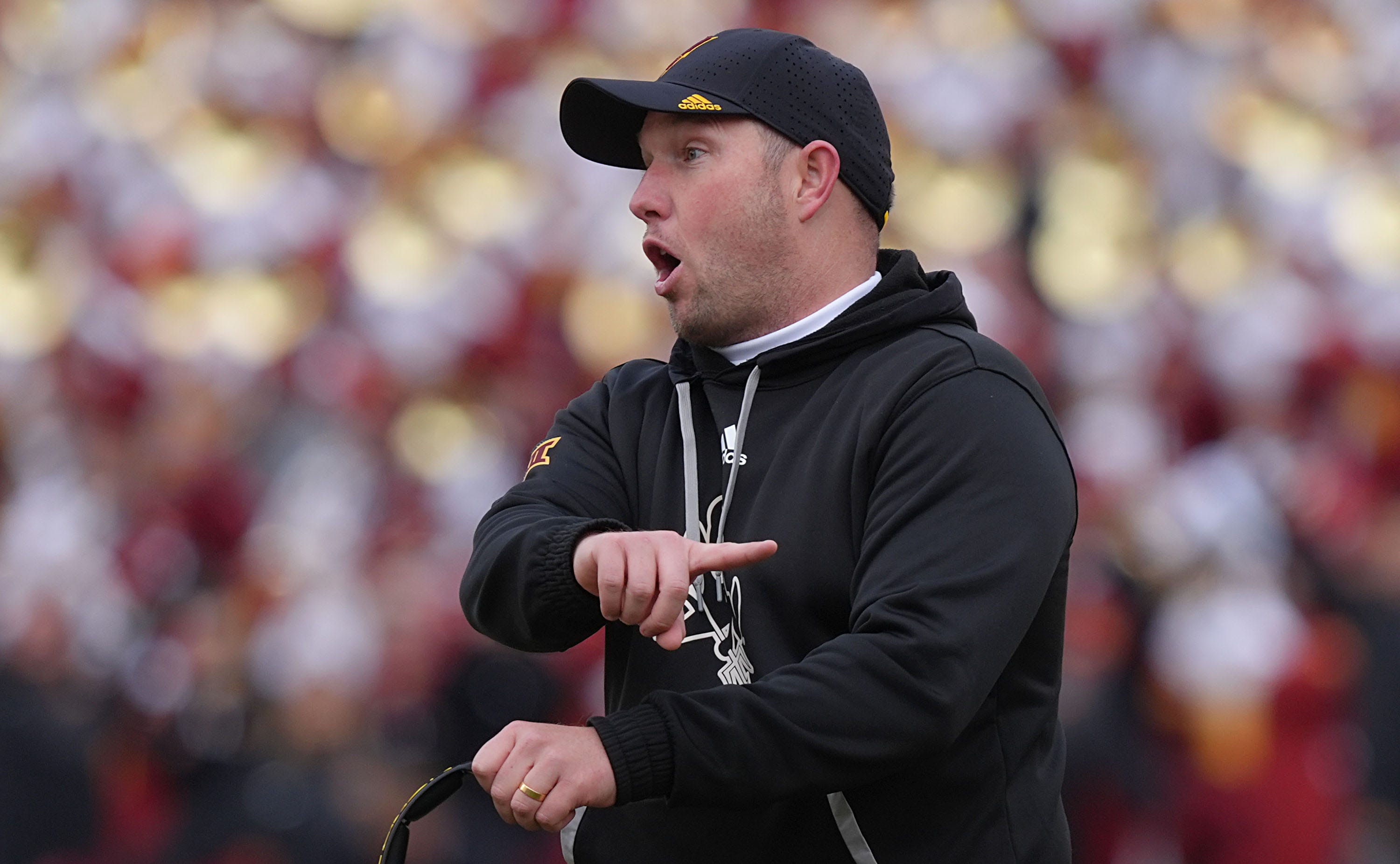 Arizona State football head coach Kenny Dillingham reacts during the first quarter against Iowa State in the Big-12 showdown at jack Trice Stadium on Nov. 1, 2025, in Ames, Iowa.