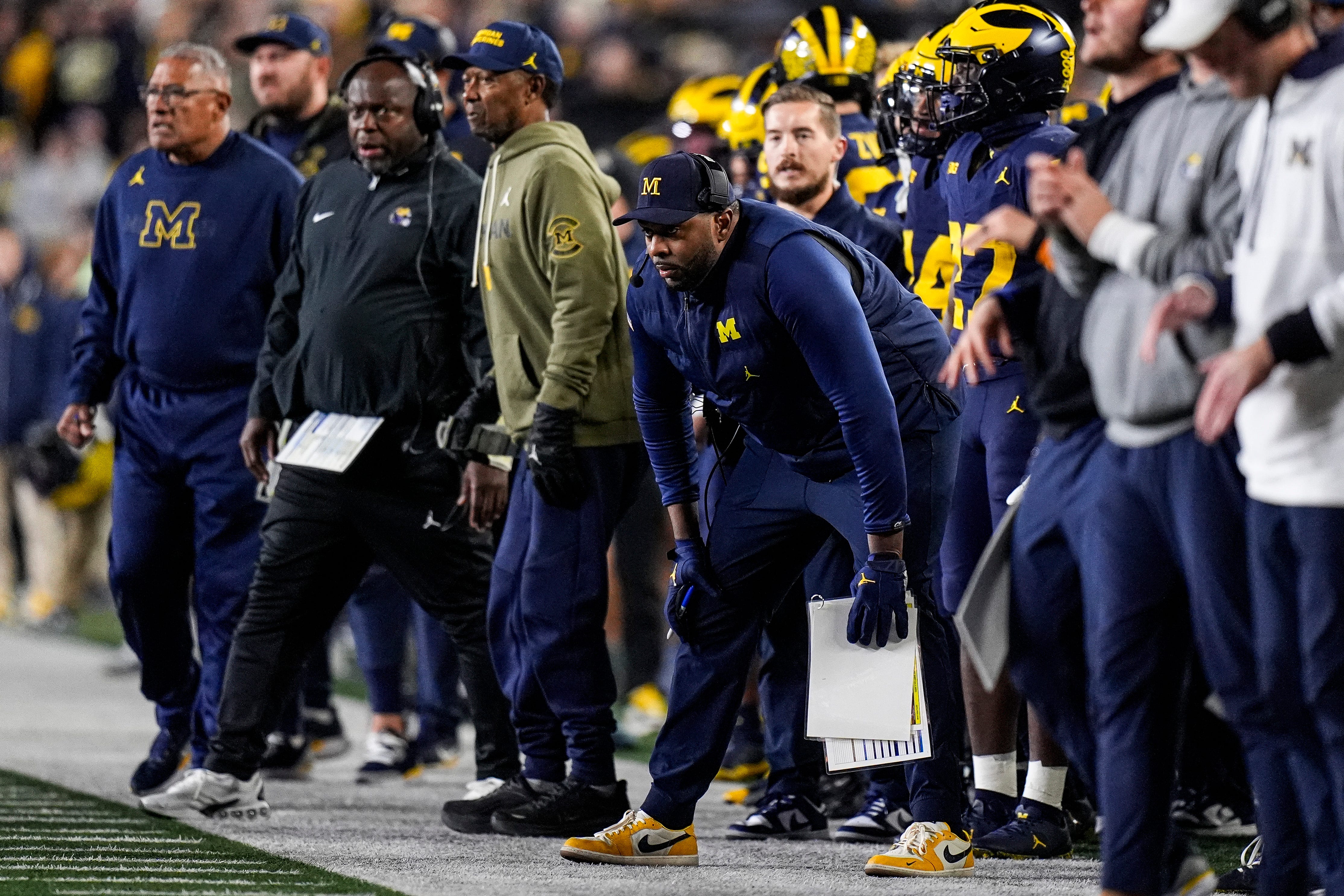 Michigan head coach Sherrone Moore watches a play against Purdue during the second half at Michigan Stadium in Ann Arbor on Saturday, November 1, 2025.