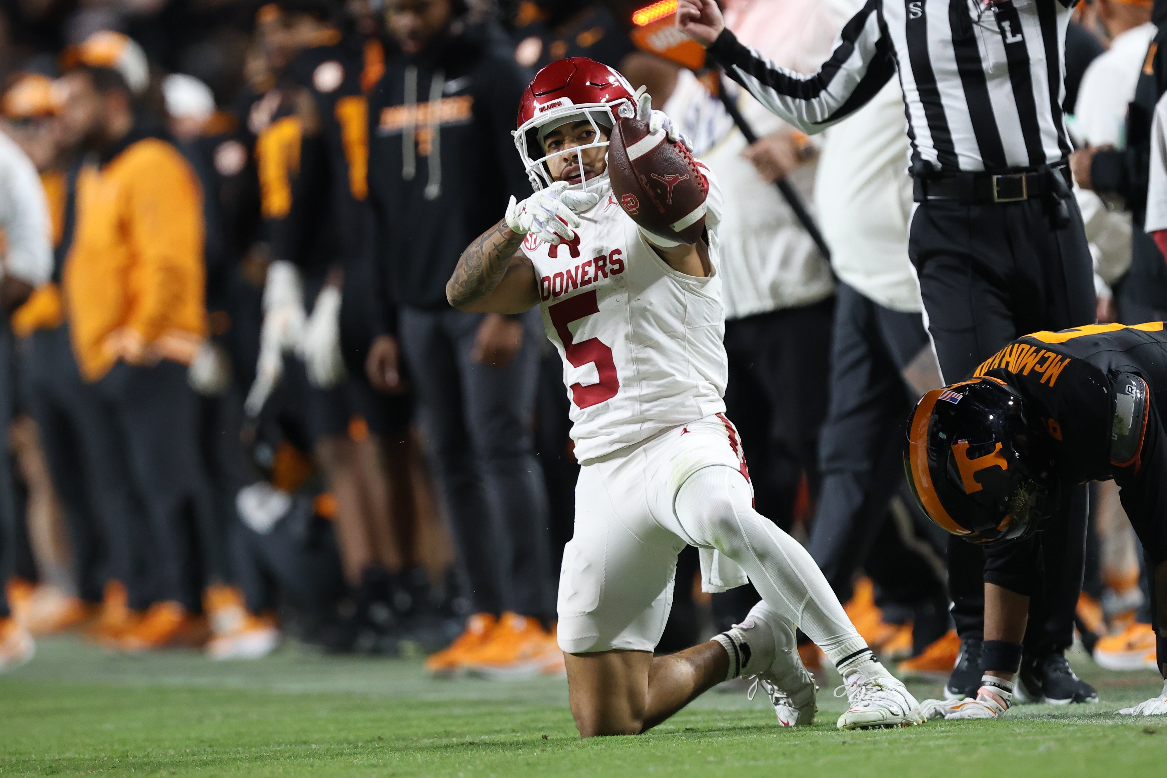 Nov 1, 2025; Knoxville, Tennessee, USA; Oklahoma Sooners wide receiver Isaiah Sategna III (5) reacts to getting a first down against the Tennessee Volunteers during the second half at Neyland Stadium.