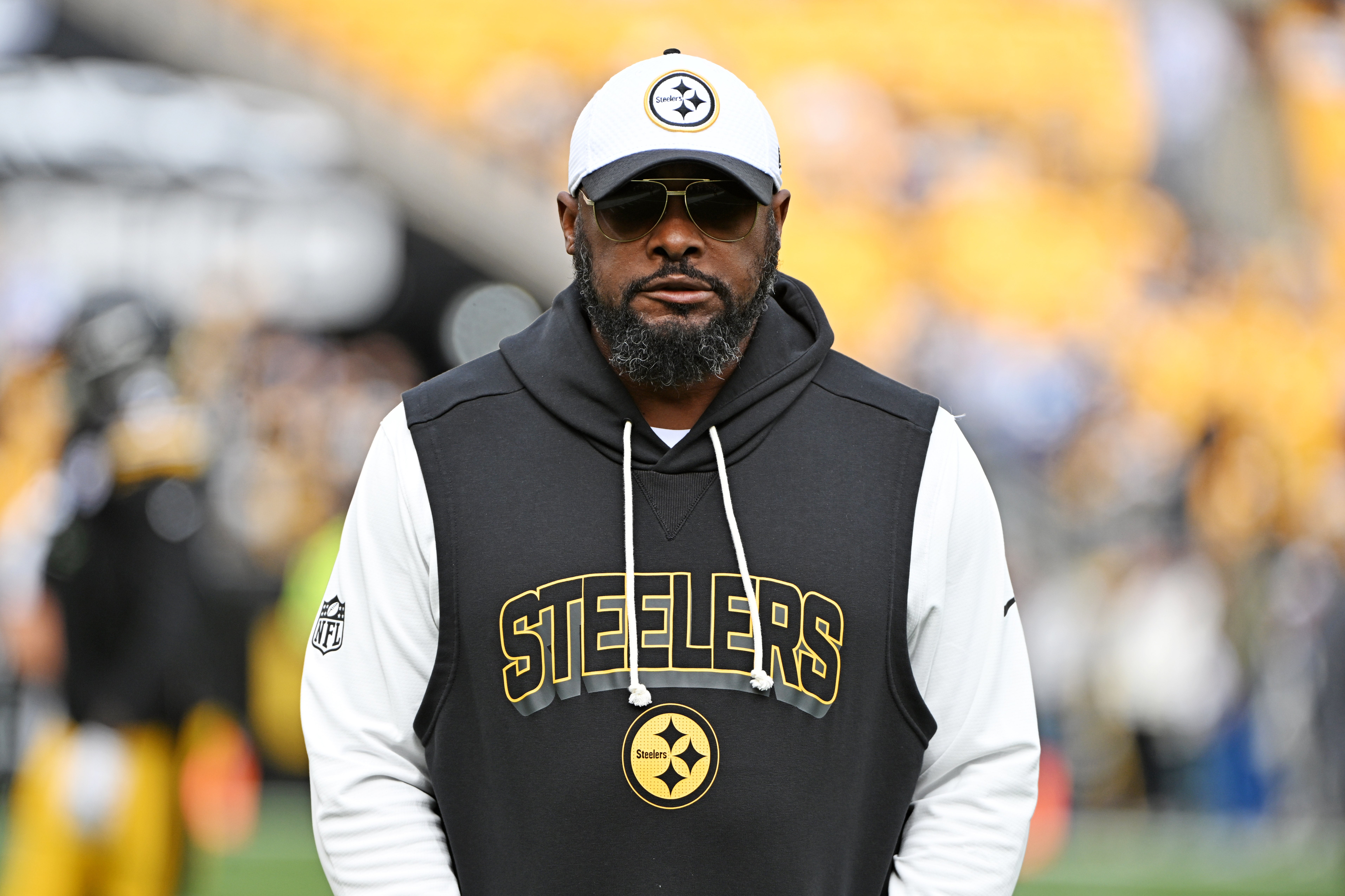 Nov 2, 2025; Pittsburgh, Pennsylvania, USA; Pittsburgh Steelers head coach Mike Tomlin looks on during warmups before the game against the Indianapolis Colts at Acrisure Stadium.