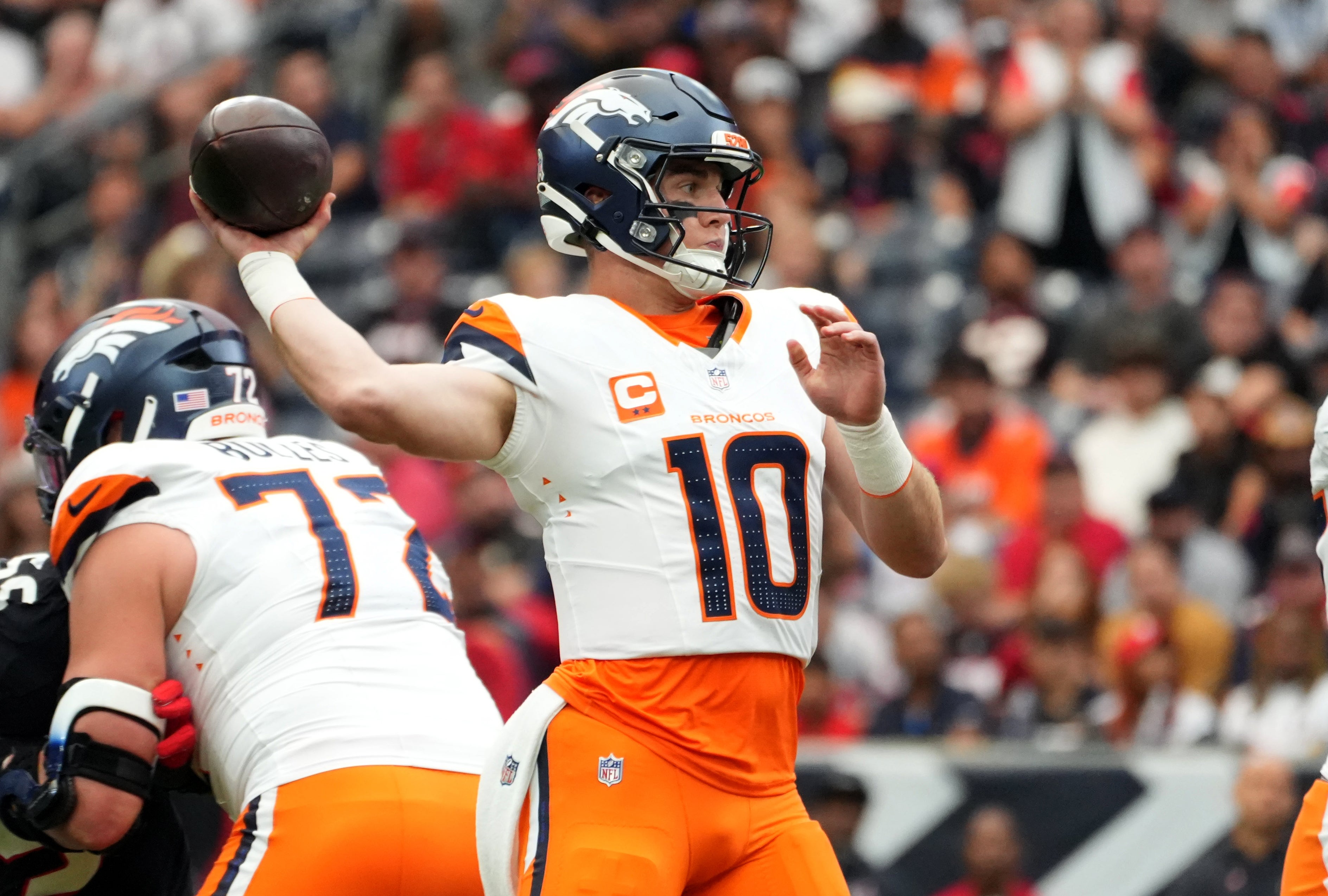 Nov 2, 2025; Houston, Texas, USA; Denver Broncos quarterback Bo Nix (10) throws during the first half against the Houston Texans at NRG Stadium.