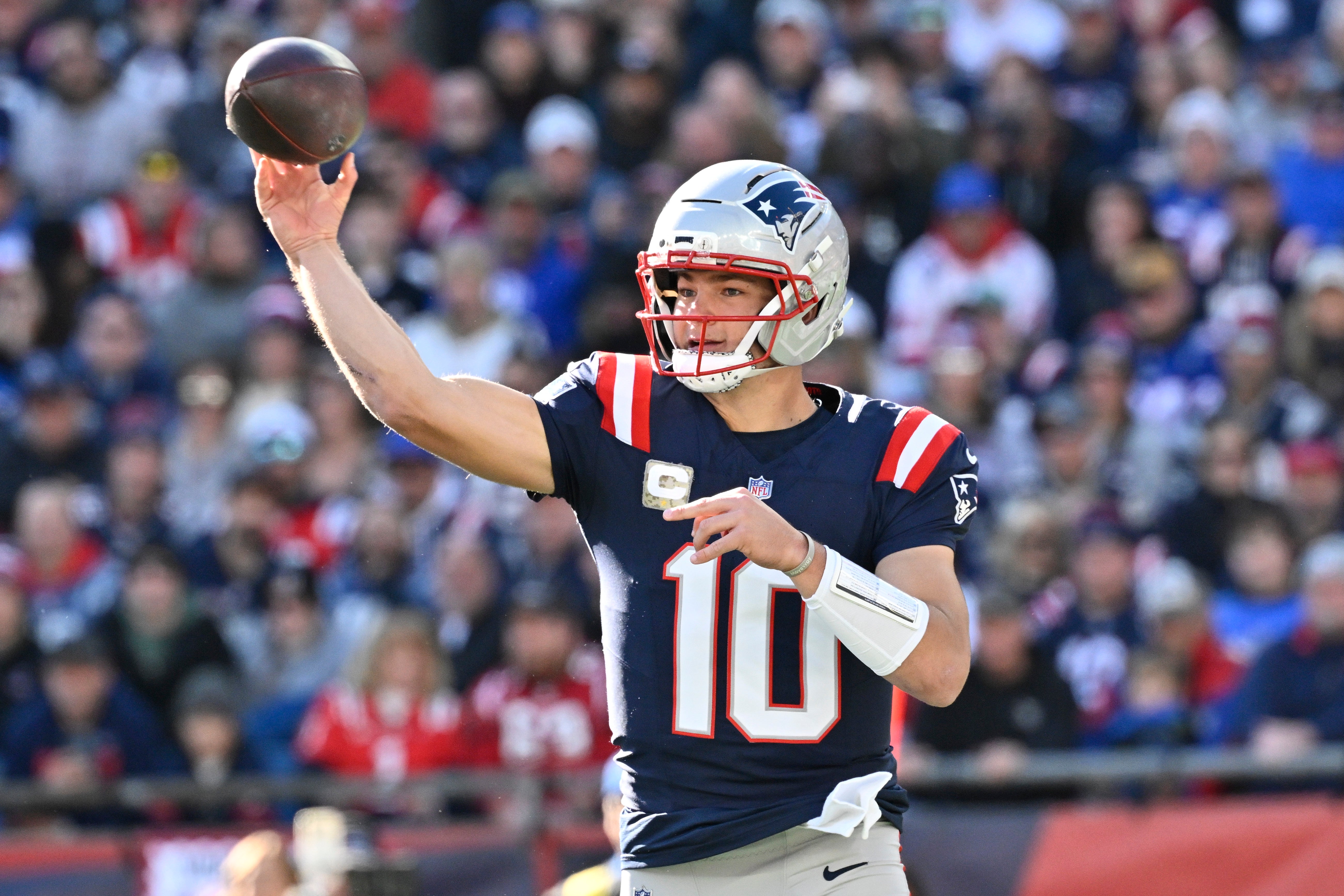 New England Patriots quarterback Drake Maye (10) passes against the Atlanta Falcons during the first half at Gillette Stadium