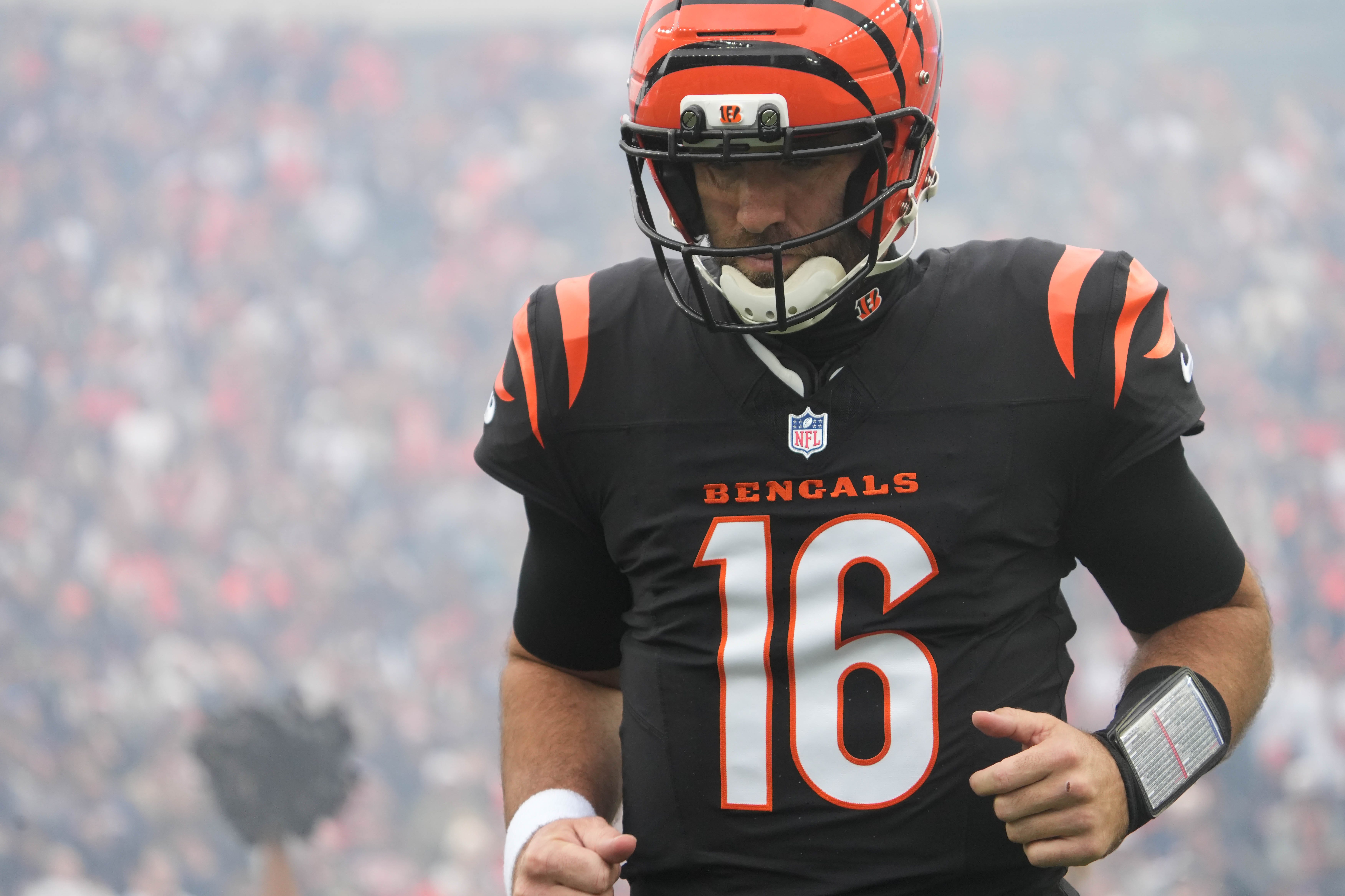 Bengals Joe Flacco (16) enters the field before their game against the Bears at Paycor Stadium on Sunday November 2, 2025.
